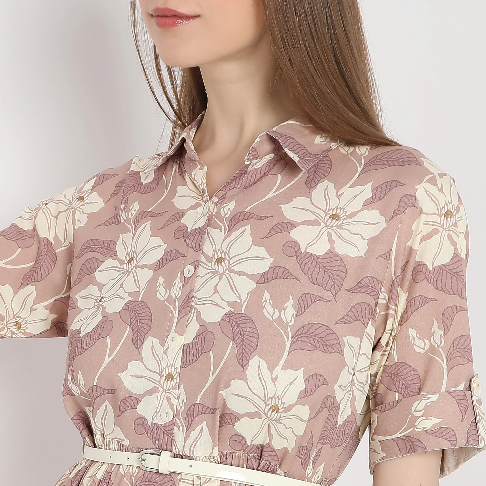Floral Print Below Knee Flared Tiered Dress With Belt - Image 4