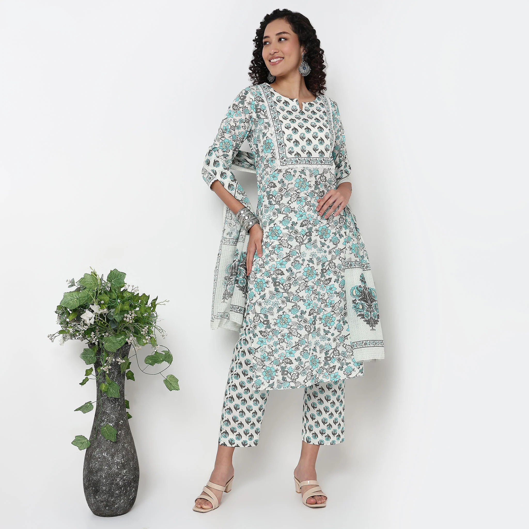 Floral Print Cotton Kurta and Pant with Dupatta Set