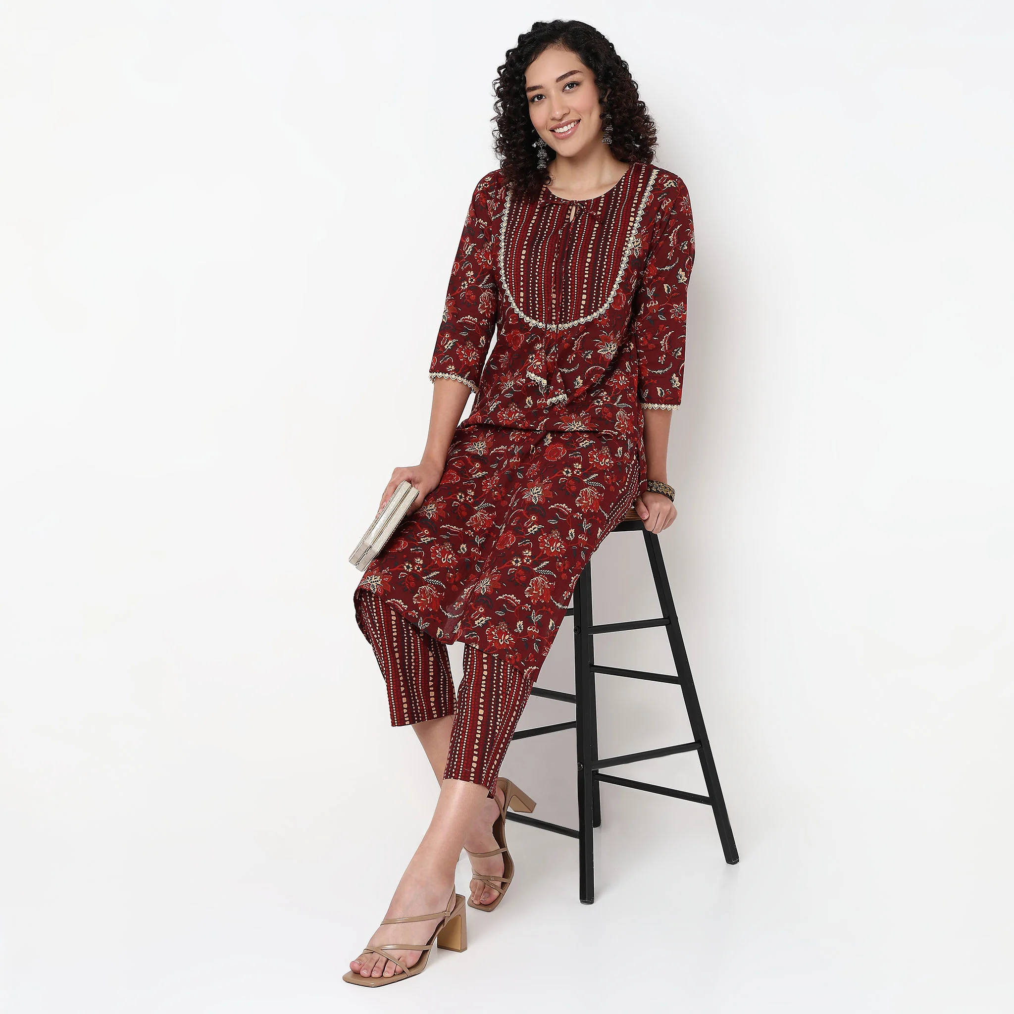 Floral Print Cotton Kurta With Pant Set