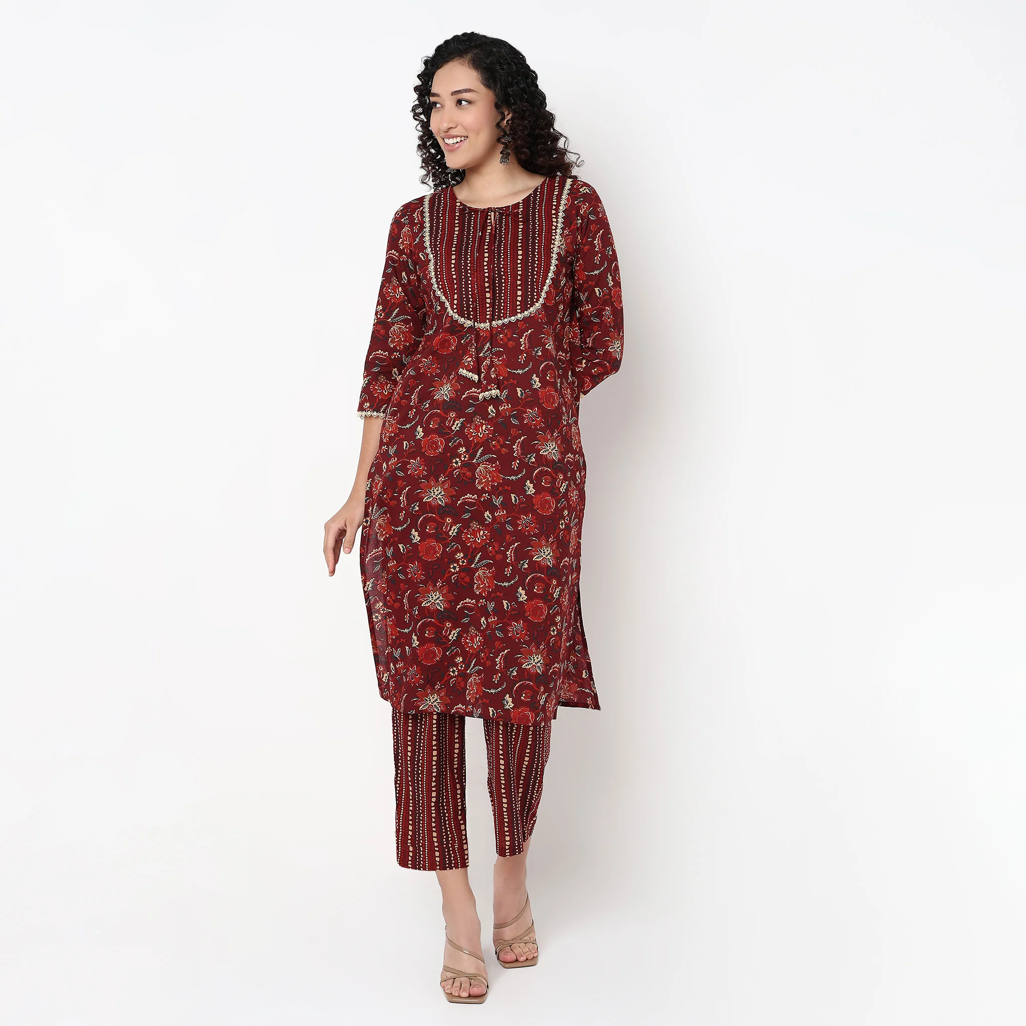 Floral Print Cotton Kurta With Pant Set - Image 2