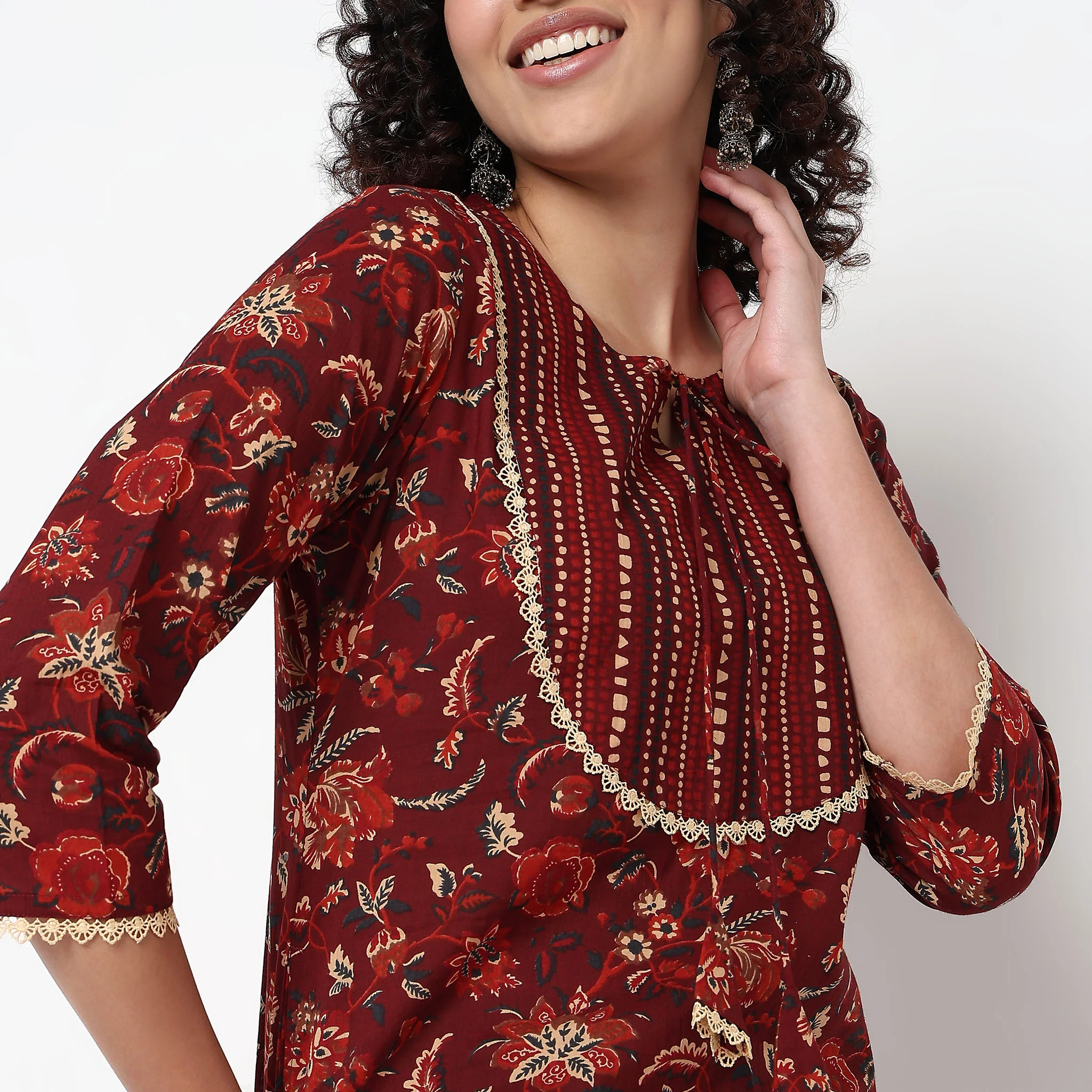Floral Print Cotton Kurta With Pant Set - Image 4