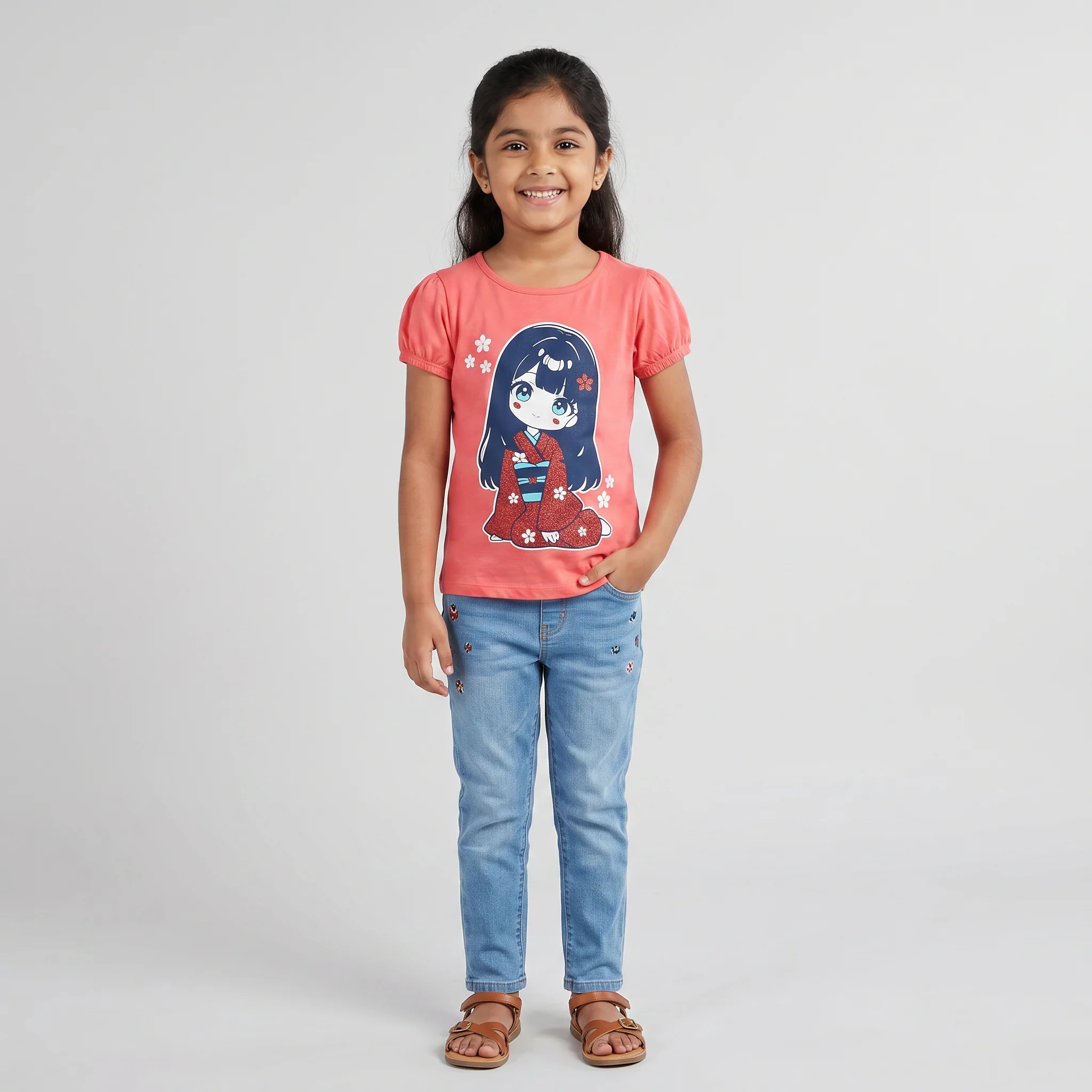 Girls Cotton Crew Neck Graphitee