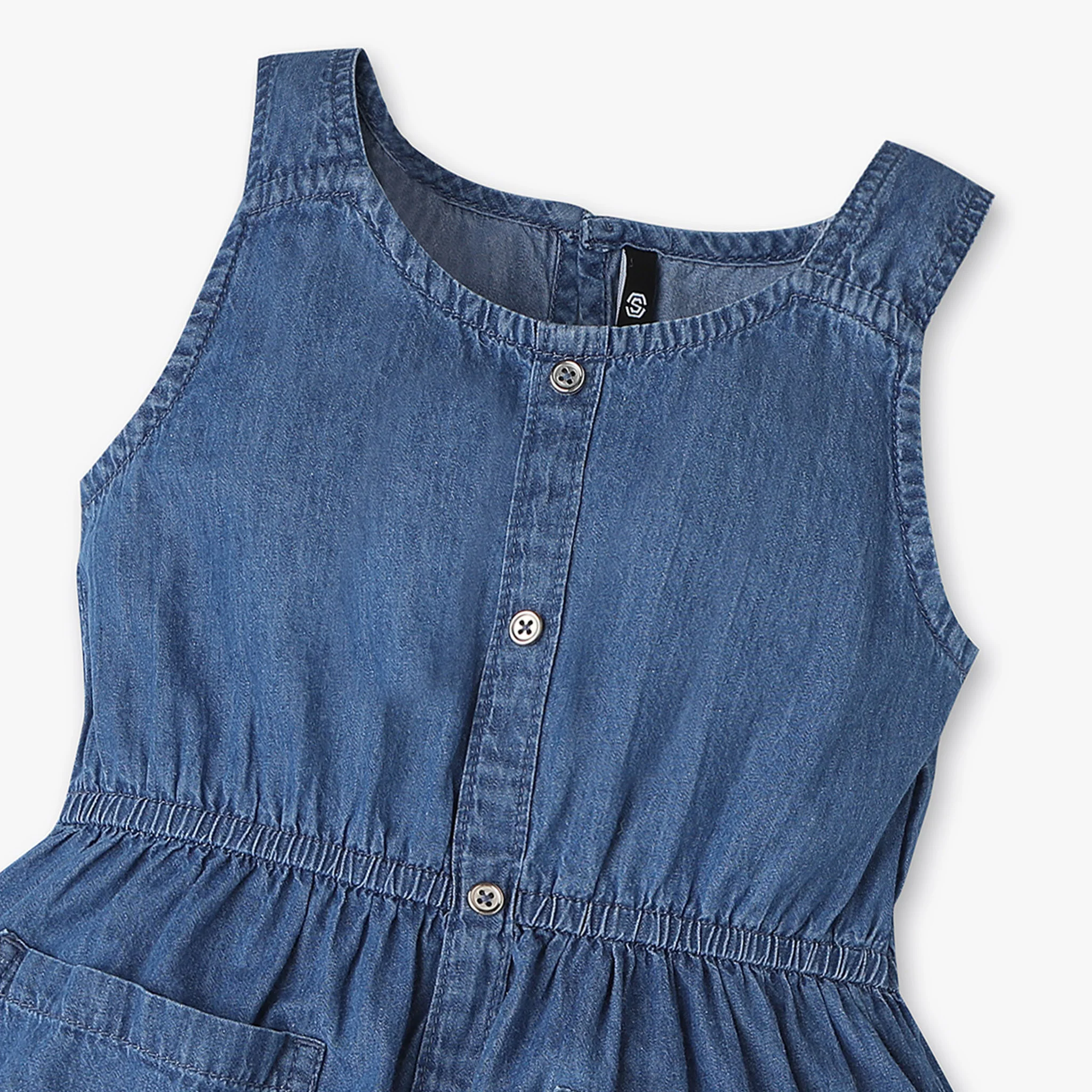 Girls A-Line Pinafore Look With Patch Pockets Denim Dress - Image 3