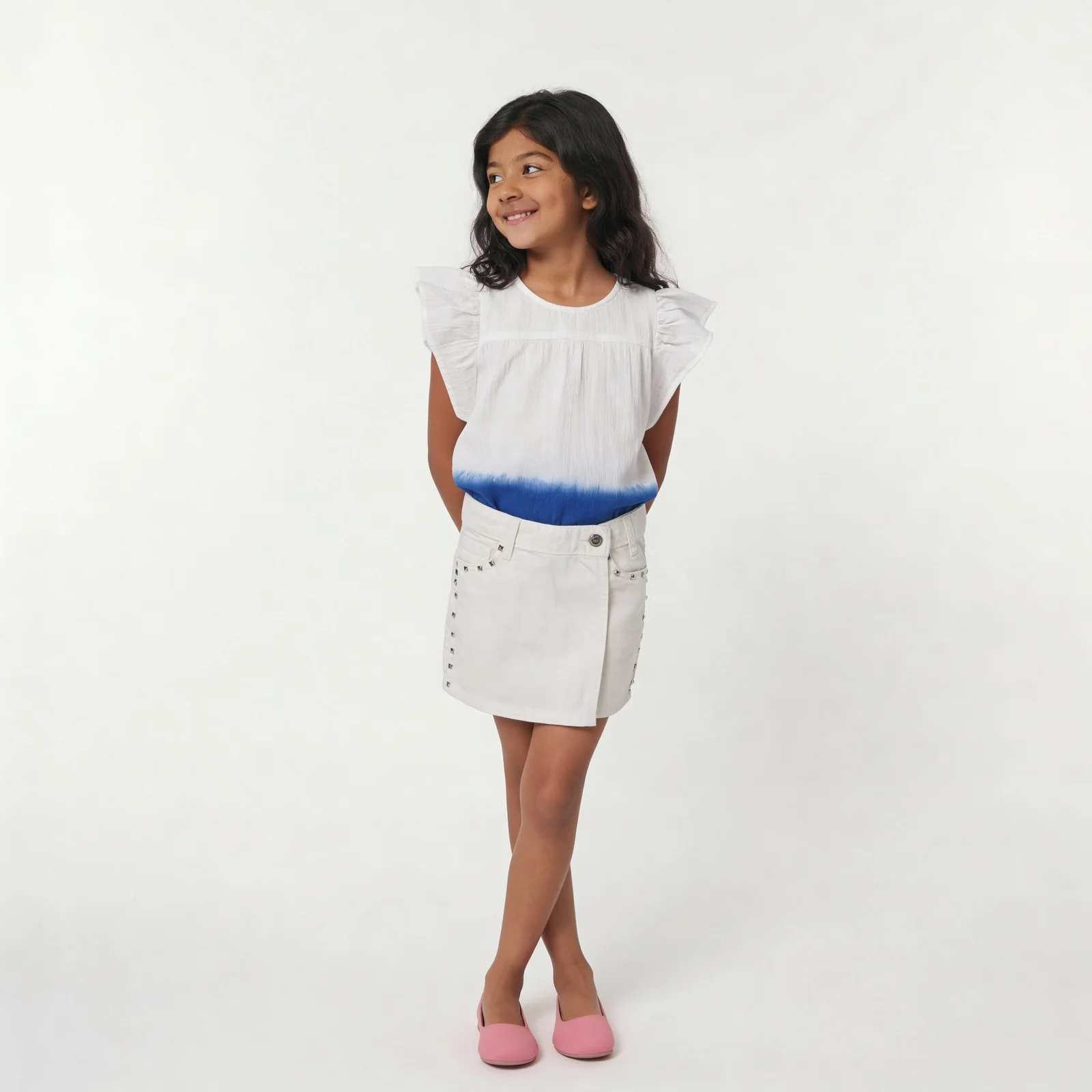 Girls Cotton Embellished White Studded Skort