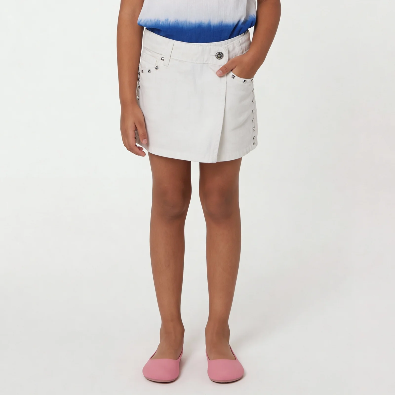 Girls Cotton Embellished White Studded Skort - Image 2