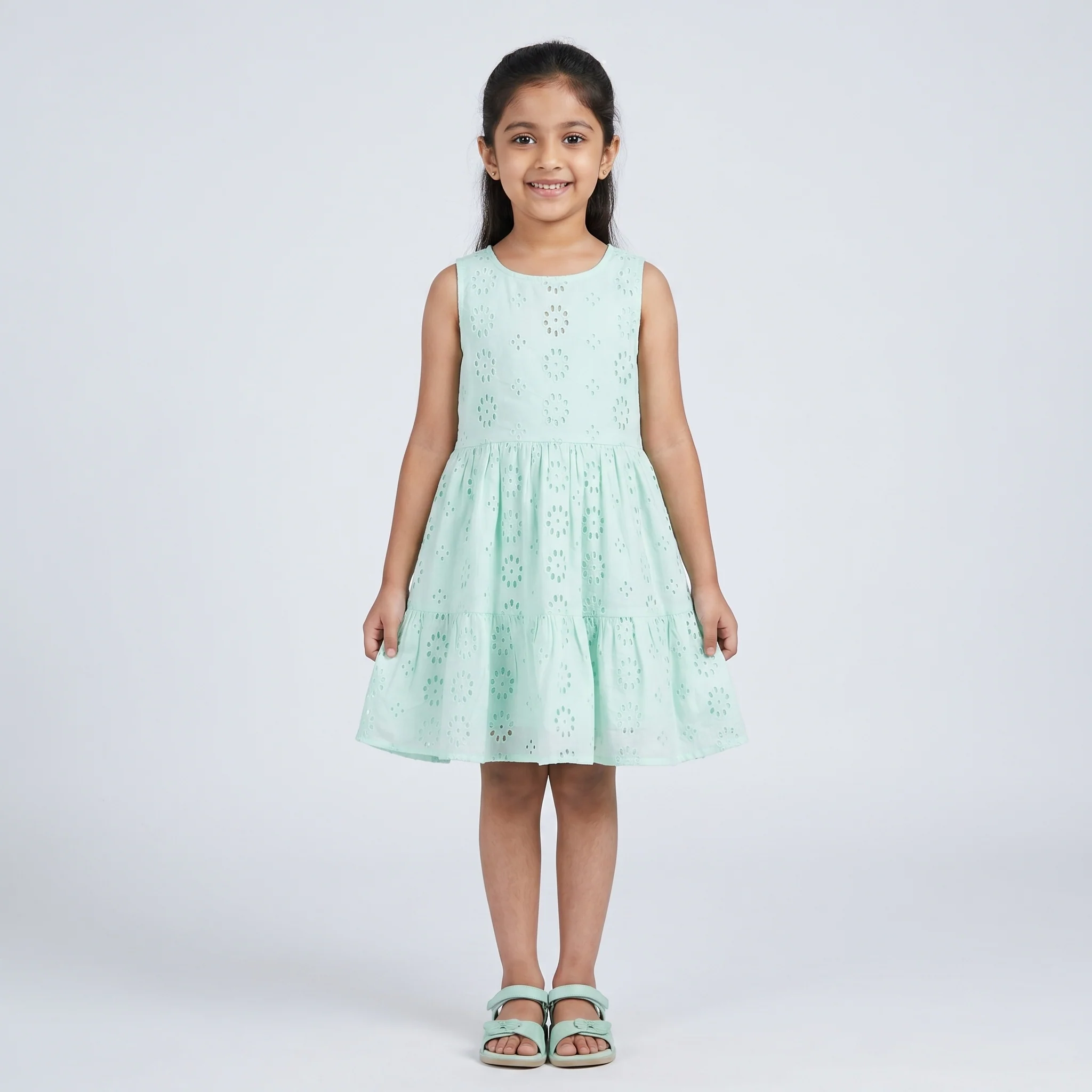 Girls Cotton Schiffli Dress With Back Cutout