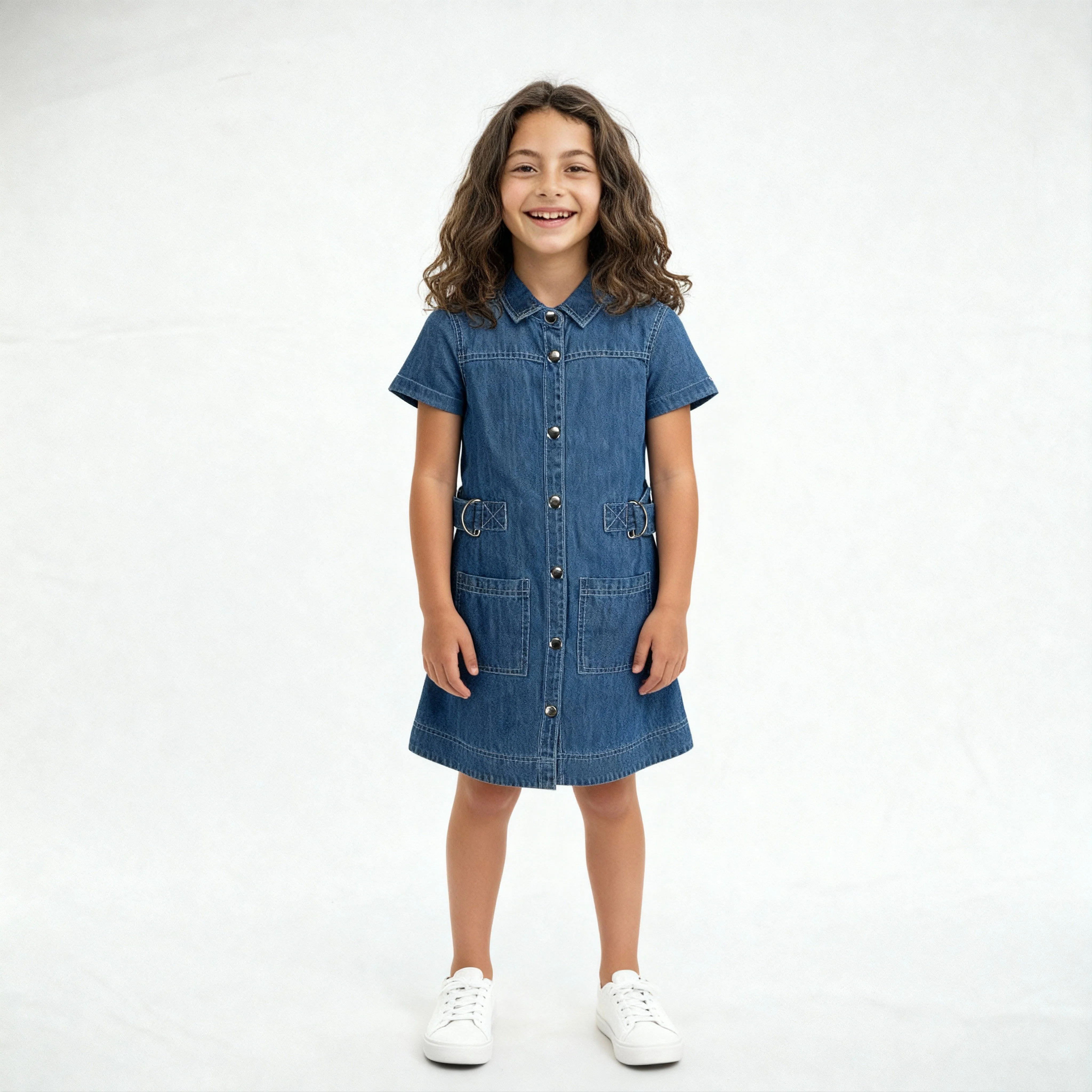 Girls Denim Dress With Belt Detail And Front Button Placket - Image 2