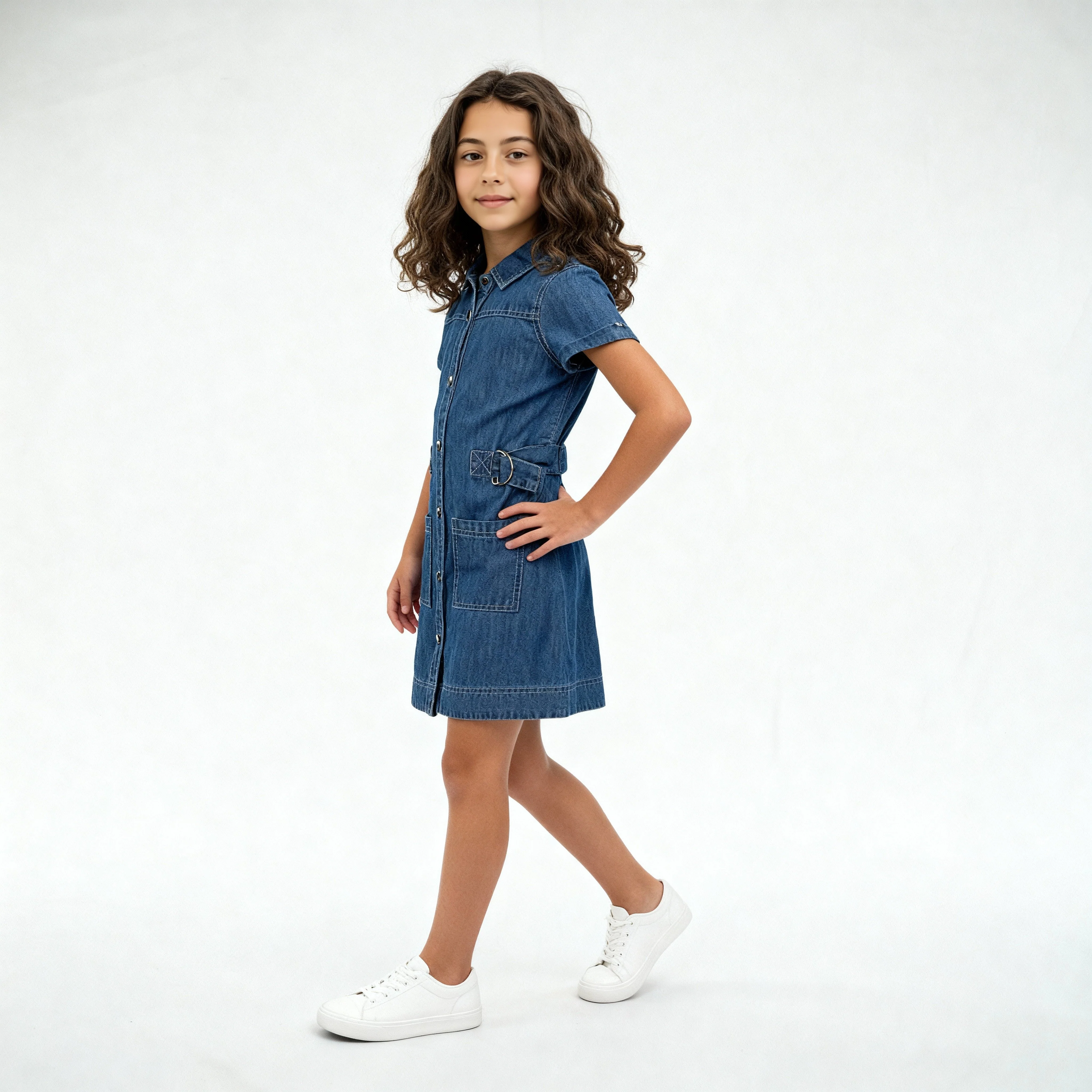Girls Denim Dress With Belt Detail And Front Button Placket - Image 5
