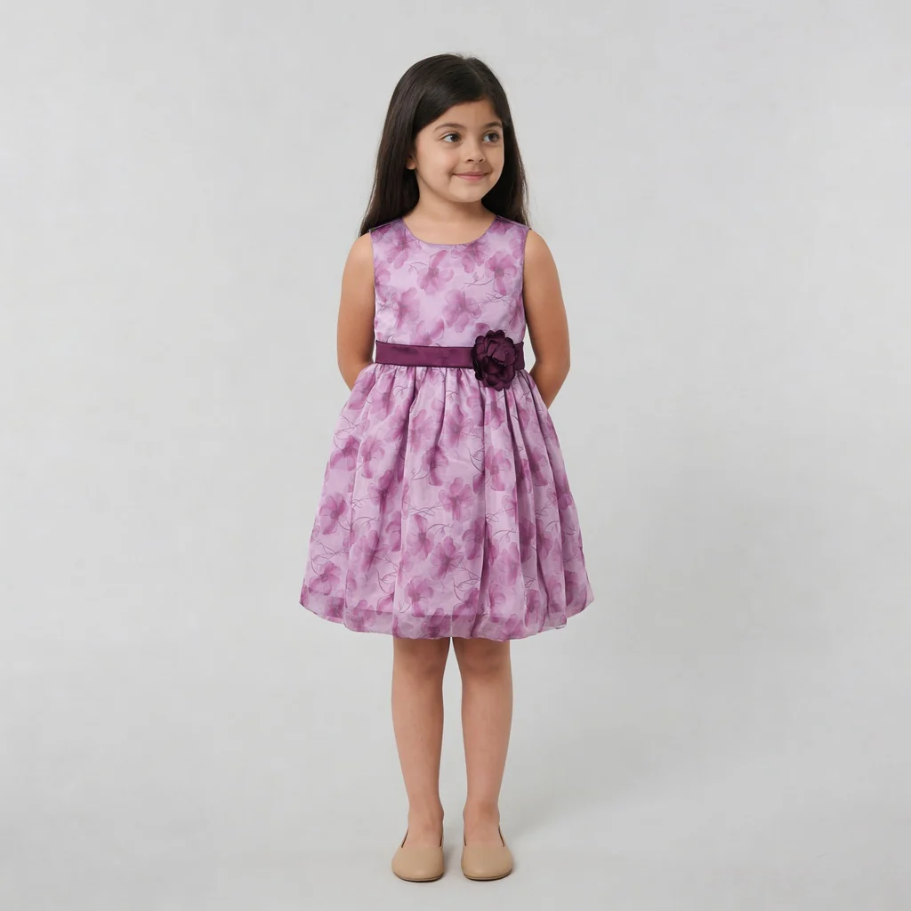 Girls Printed Flared Satin Party Frock - Image 2