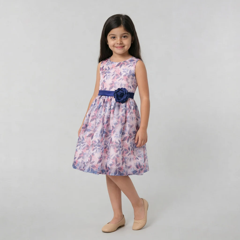 Girls Printed Flared Satin Party Frock - Image 5