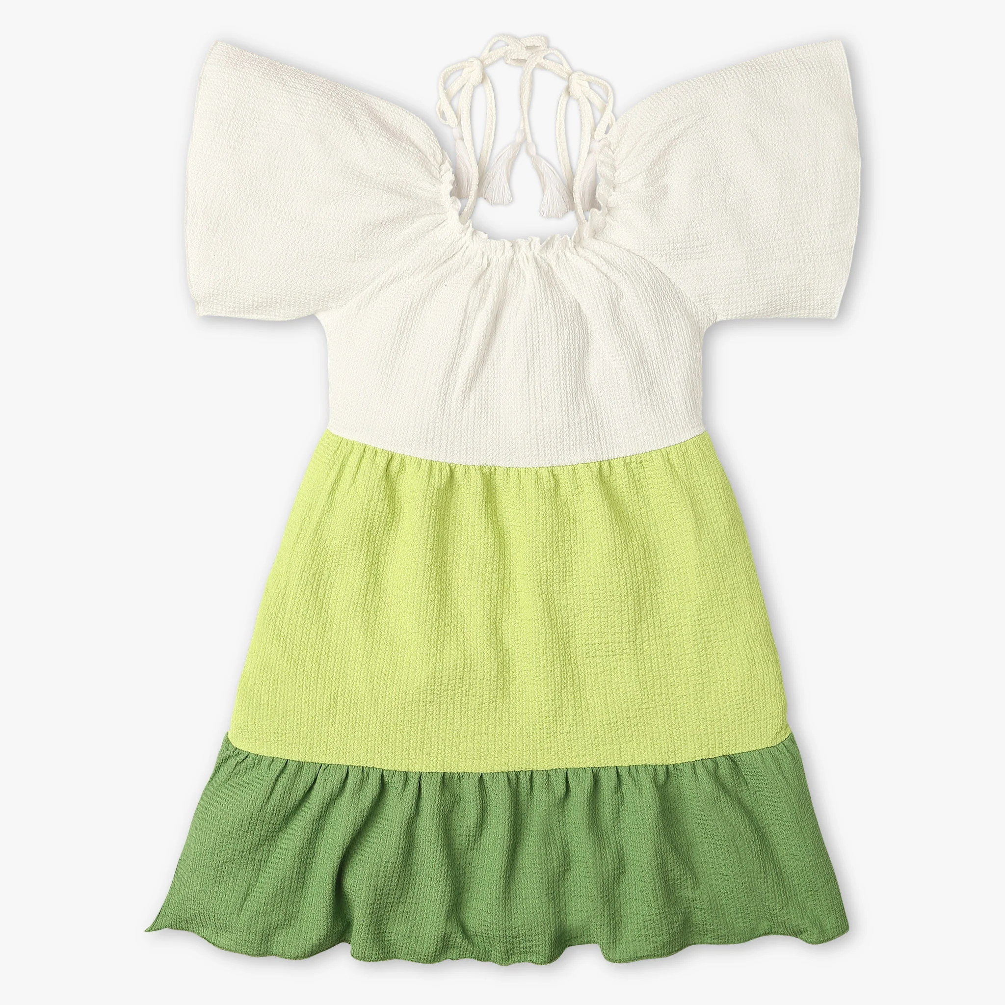 Girls Cut And Sew Knee Length Square Neck Short Sleeve Dress