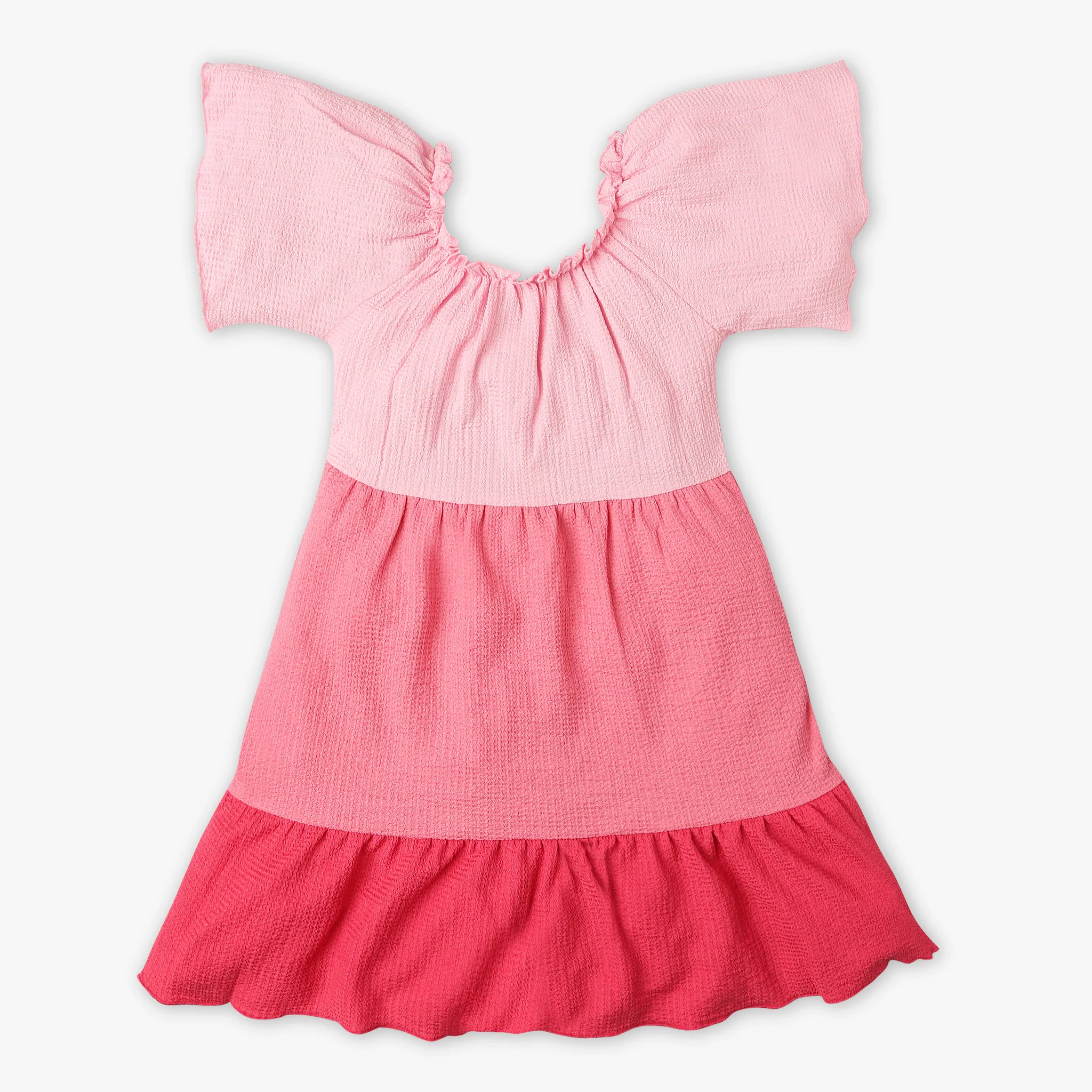 Girls Cut And Sew Knee Length Square Neck Short Sleeve Dress - Image 4