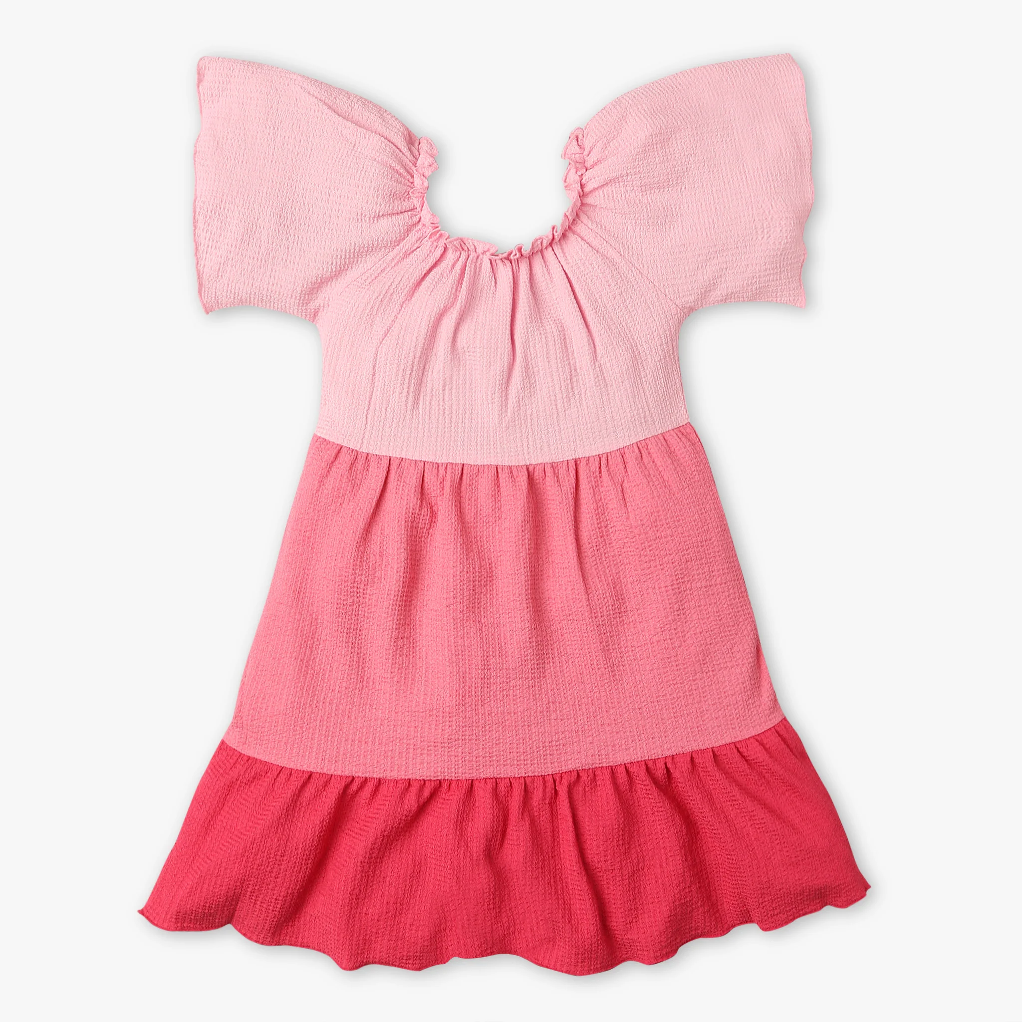 Girls Cut And Sew Knee Length Square Neck Short Sleeve Dress - Image 5