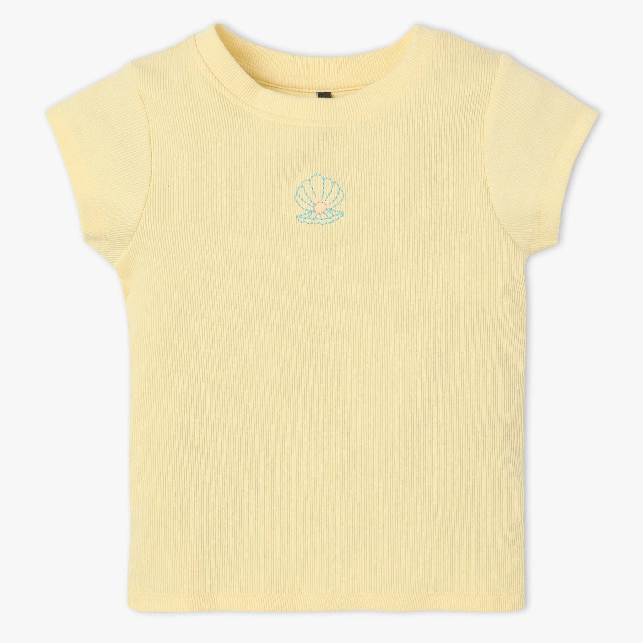 Girls Solid Crew Neck Short Sleeve Cute Cut-Out Embroidred Rib T-Shirt - Image 5