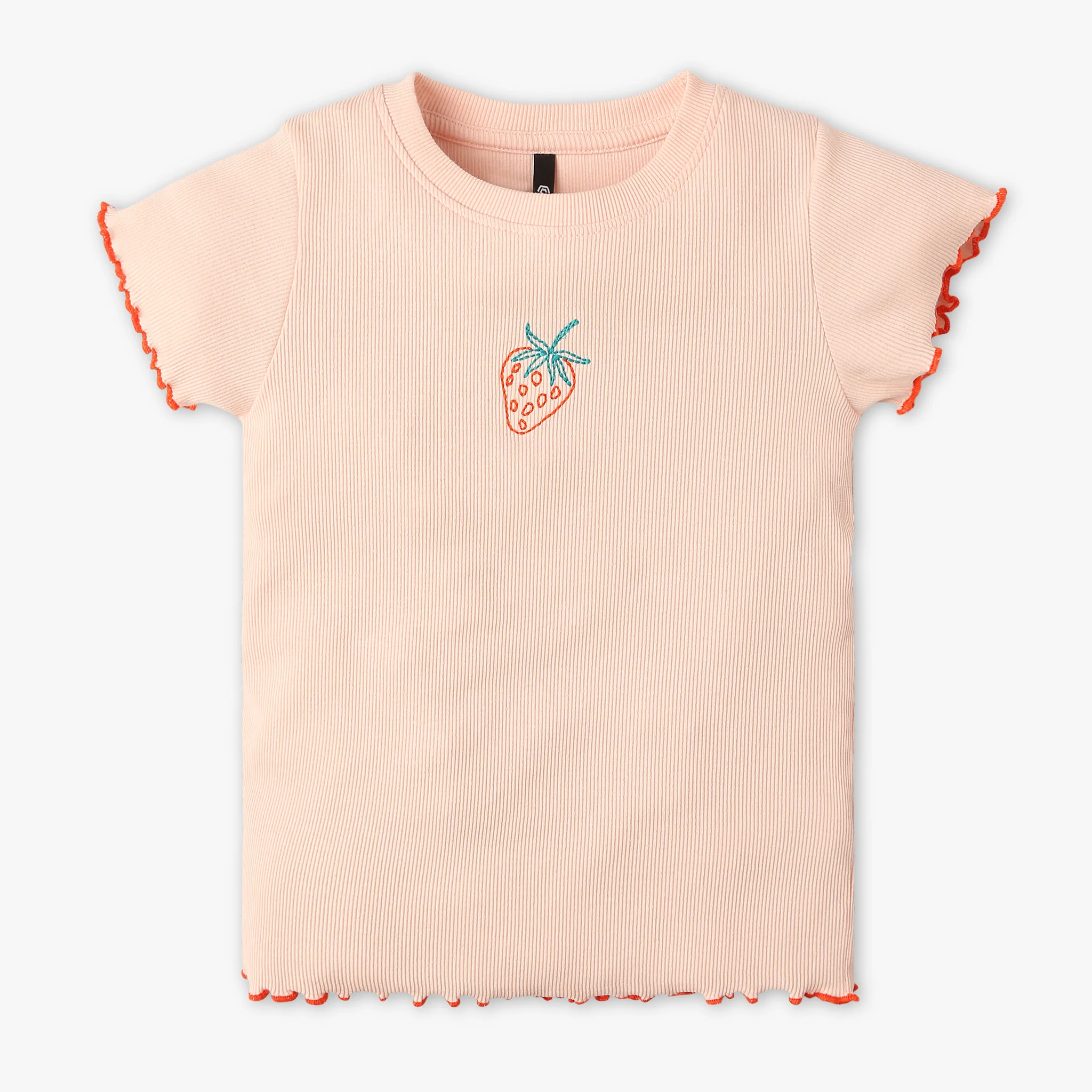 Girls Solid Crew Neck Short Sleeve Cute Cut-Out Embroidred Rib T-Shirt - Image 7