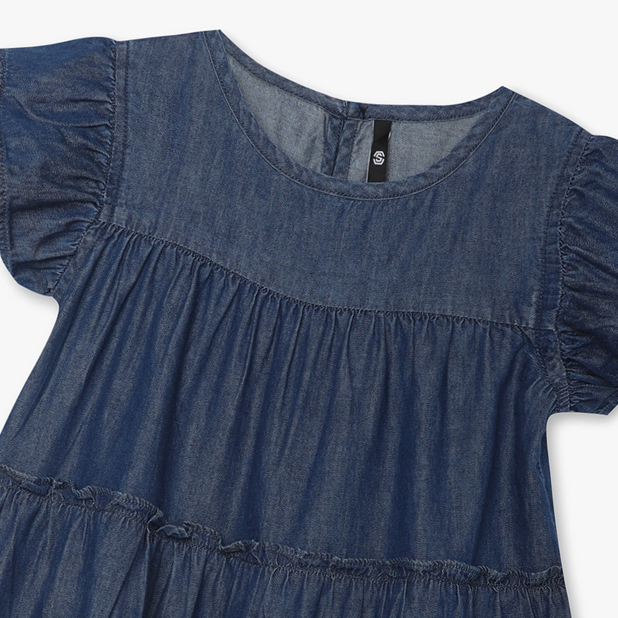 Girls Solid Knee Length Denim Tiered Dress - Image 3