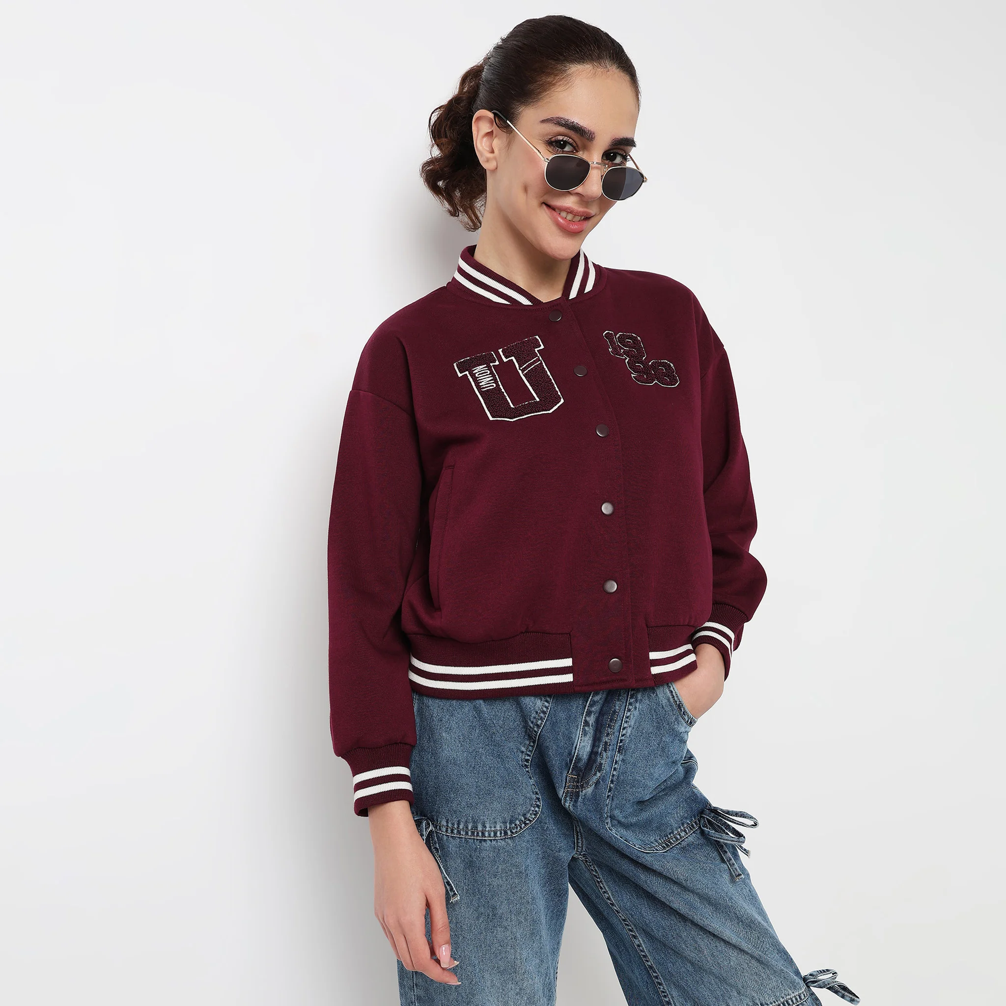 Graphic Band Collar Varsity Sweatshirt - Image 2