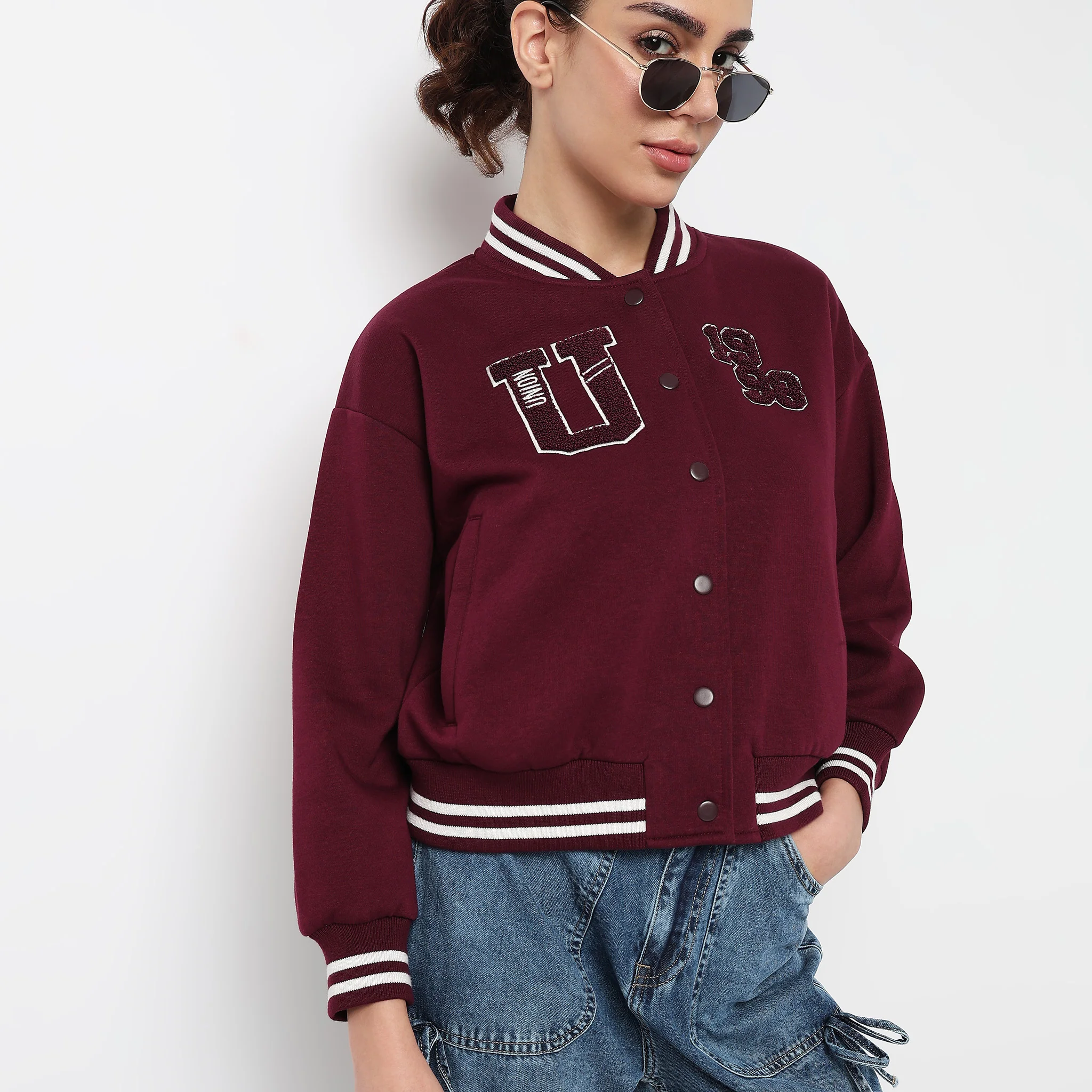 Graphic Band Collar Varsity Sweatshirt - Image 4