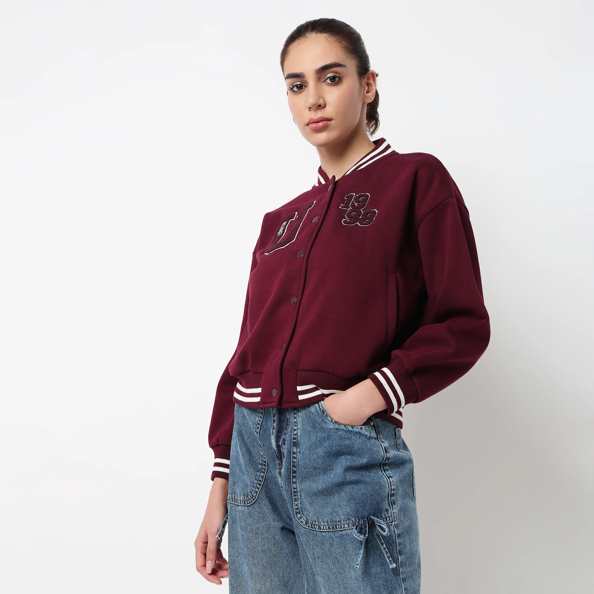 Graphic Band Collar Varsity Sweatshirt - Image 5