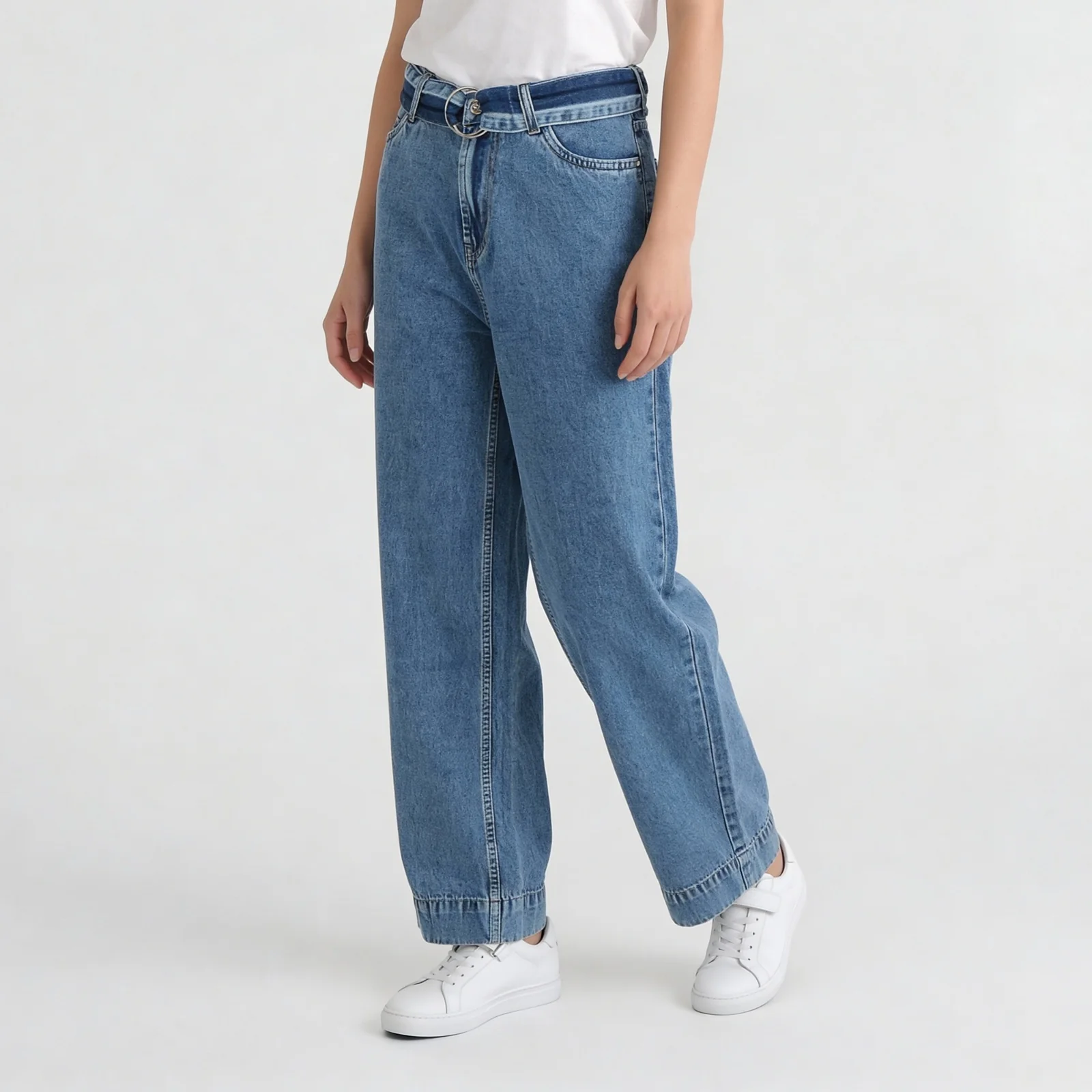High Rise Wide Leg Jeans With Buckle & Belt - Image 5