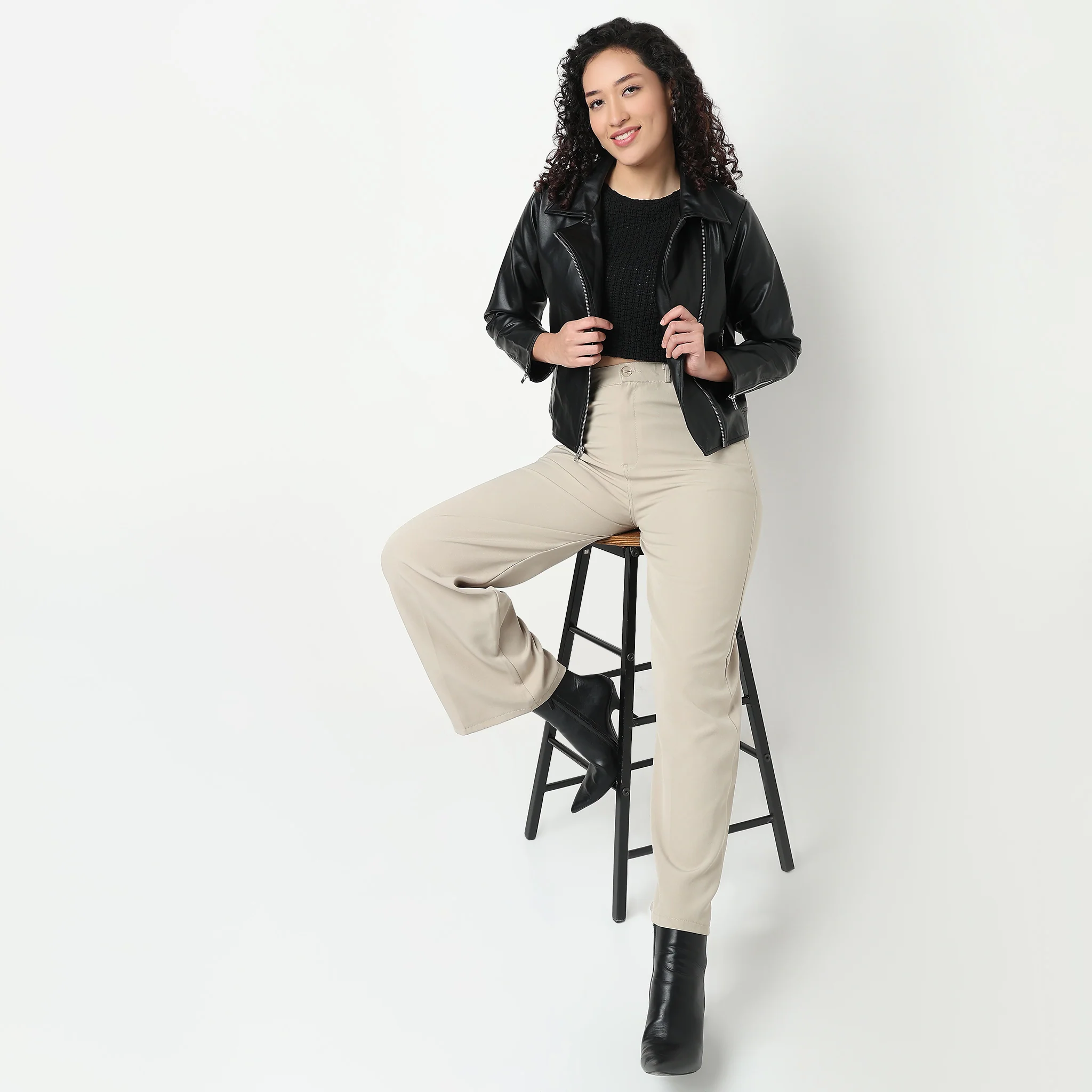 PU Leather Jacket With Silver Metal Zipper Detailing