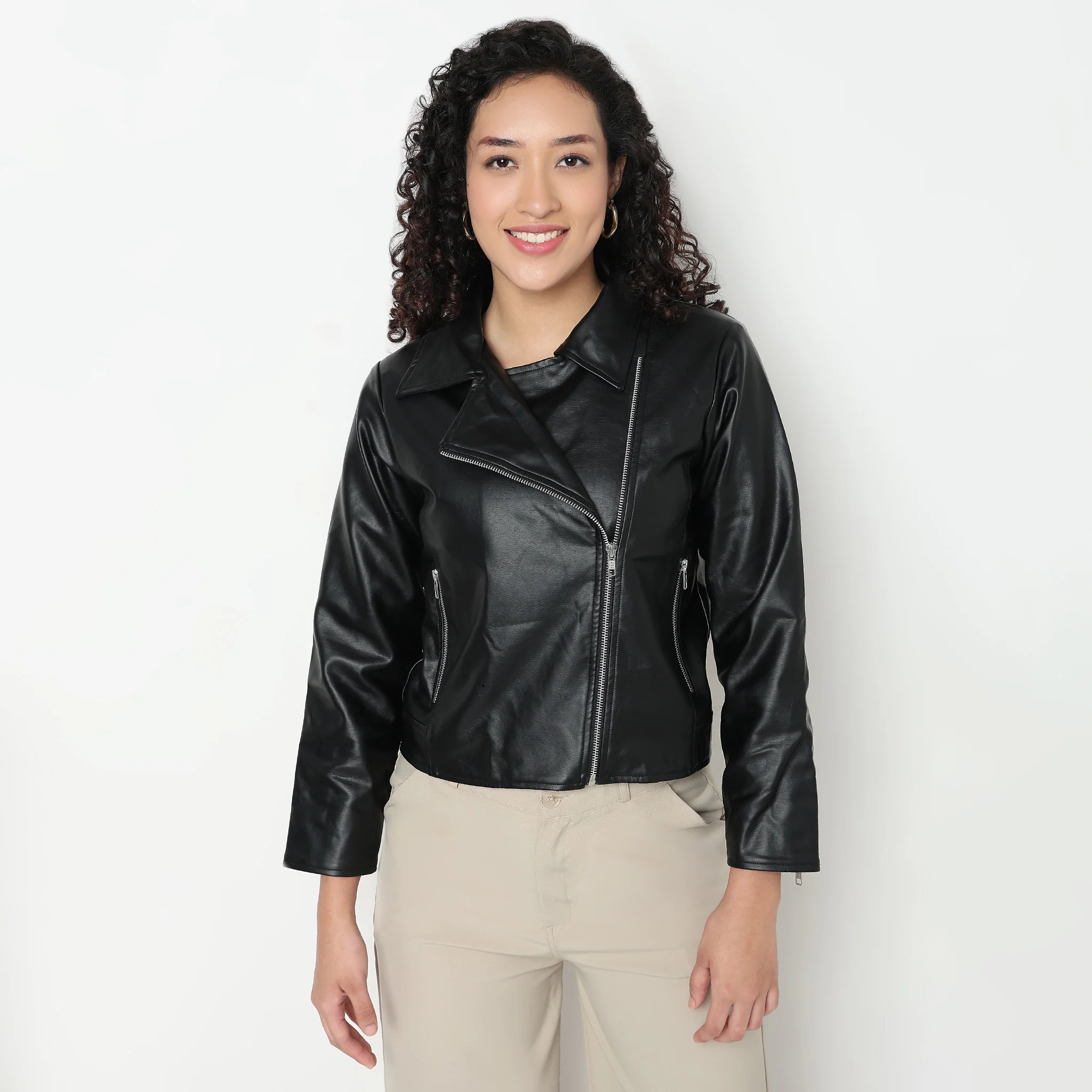 PU Leather Jacket With Silver Metal Zipper Detailing - Image 2