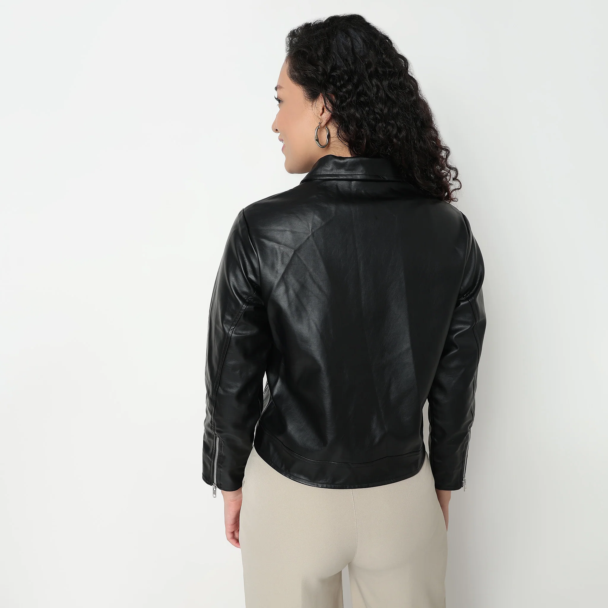PU Leather Jacket With Silver Metal Zipper Detailing - Image 3
