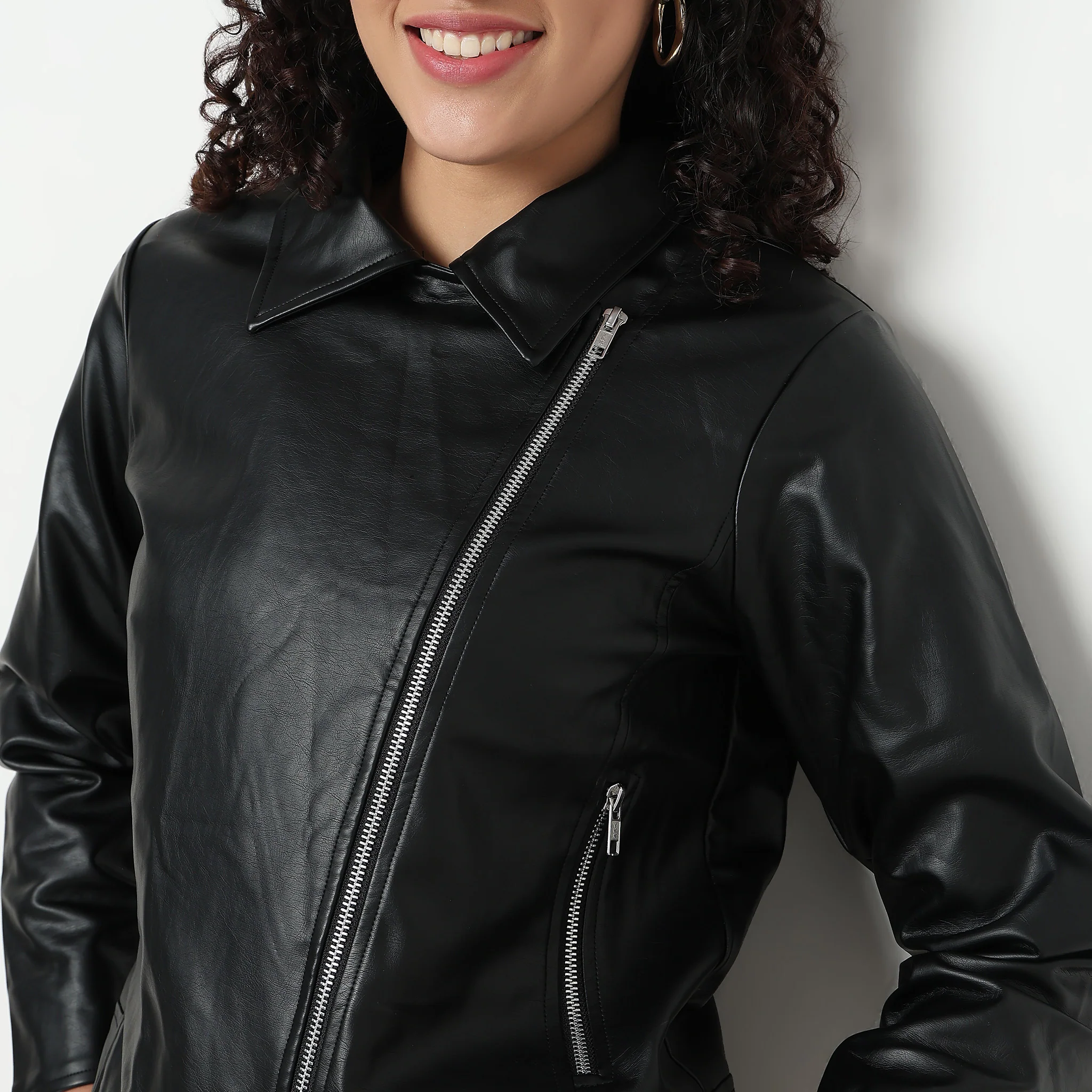 PU Leather Jacket With Silver Metal Zipper Detailing - Image 4