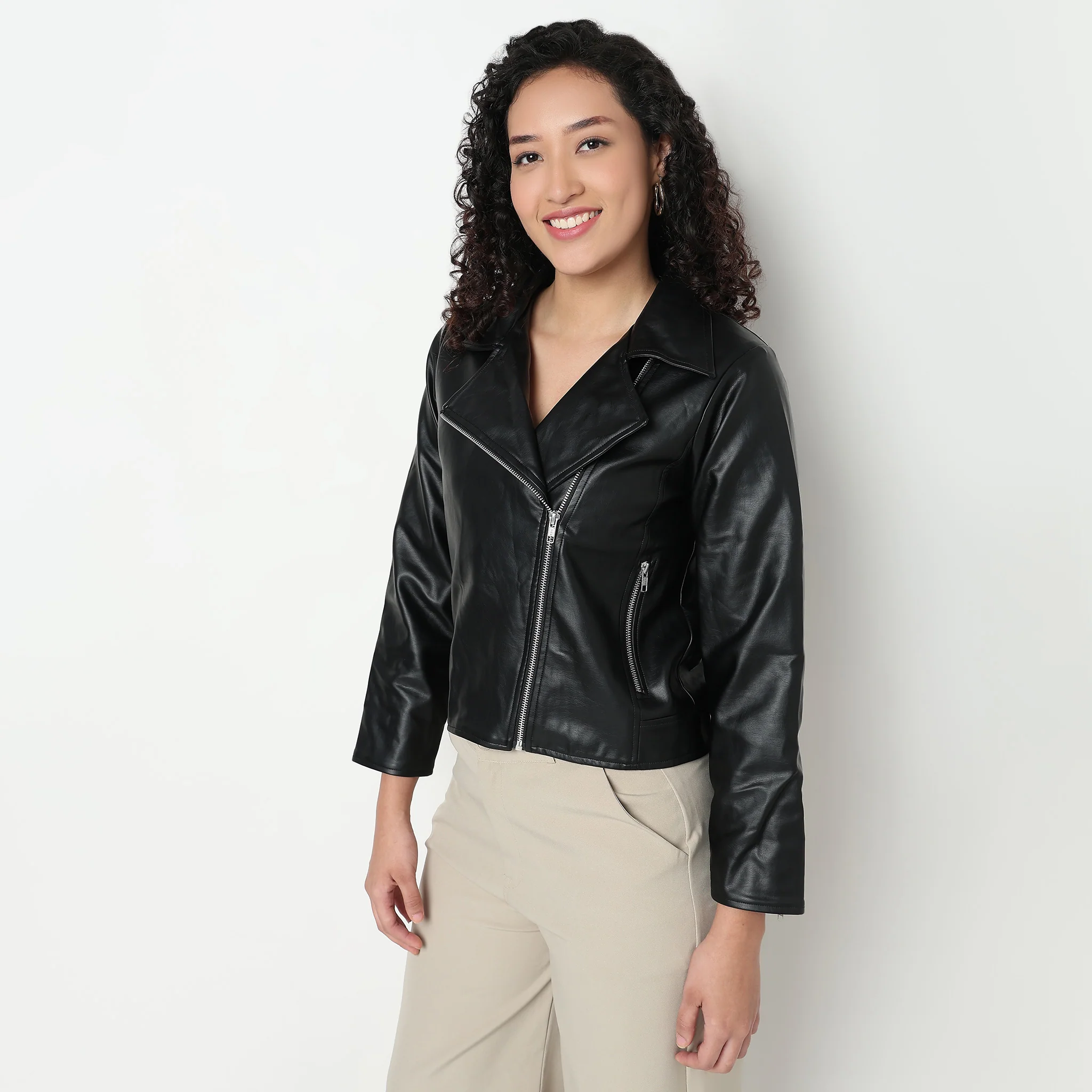 PU Leather Jacket With Silver Metal Zipper Detailing - Image 5