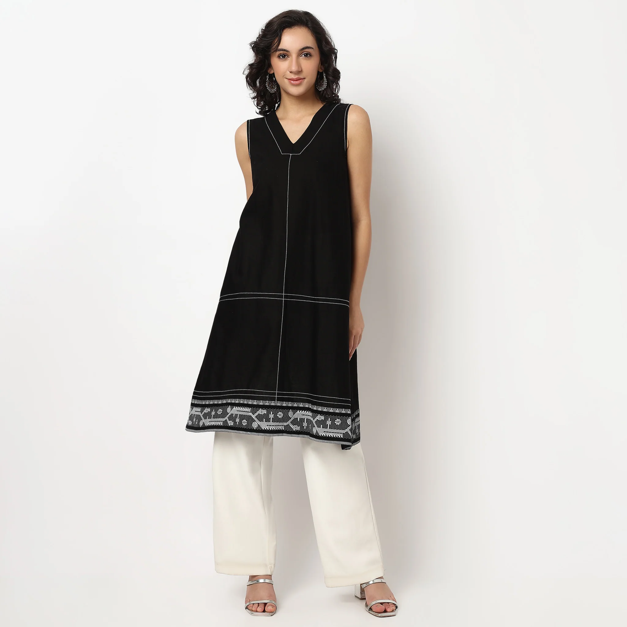 Cotton V Neck A-Line Kurta - Image 2