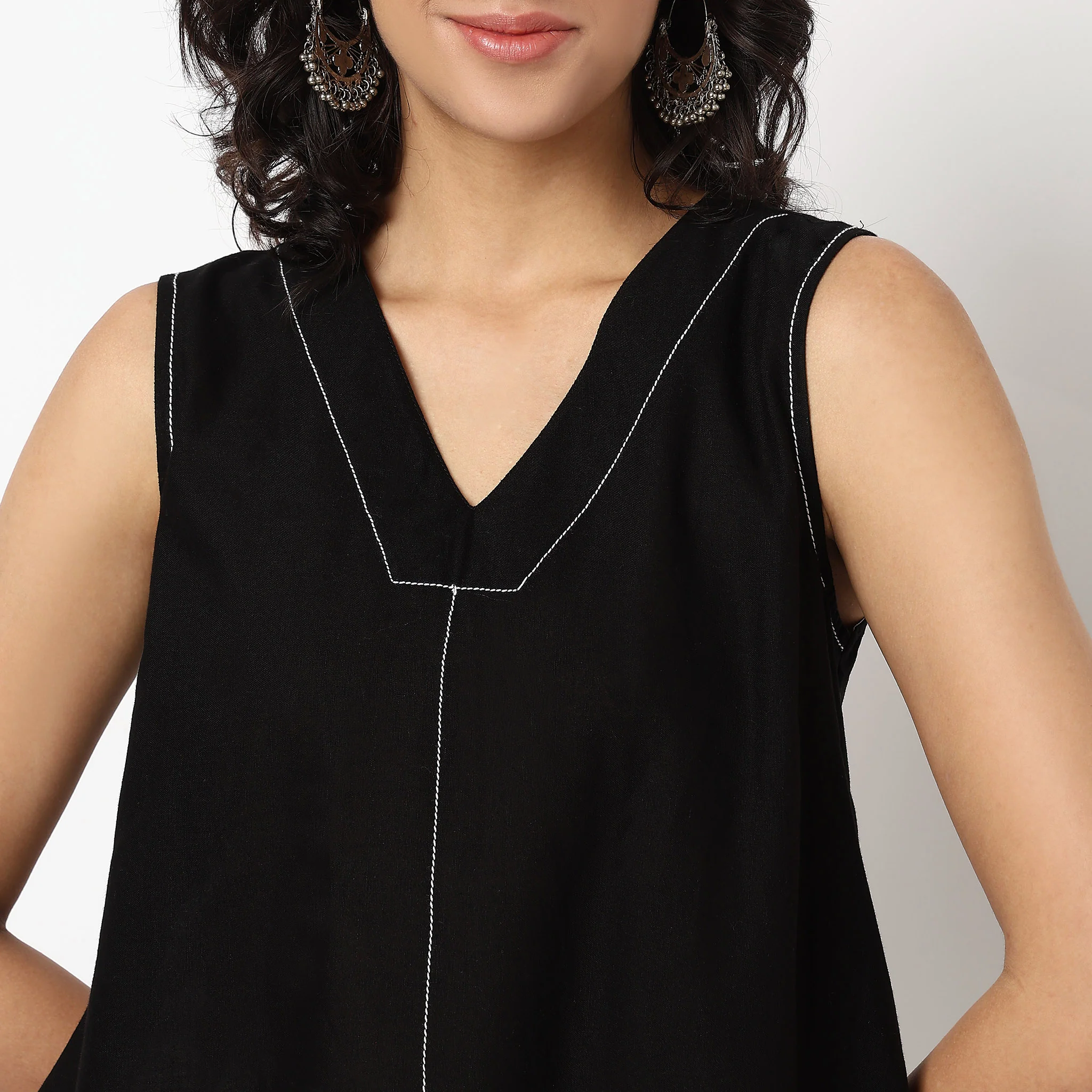 Cotton V Neck A-Line Kurta - Image 4