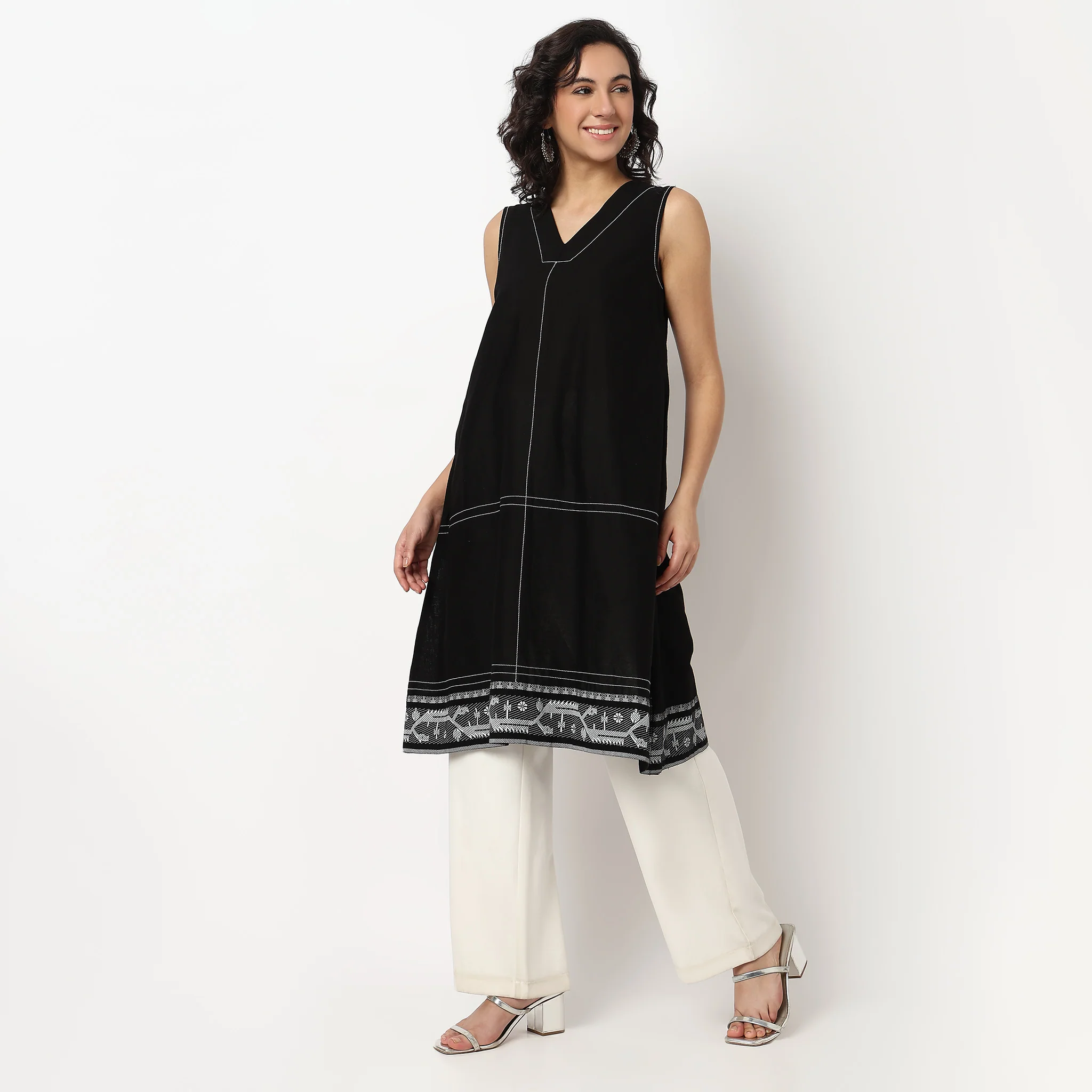 Cotton V Neck A-Line Kurta - Image 5