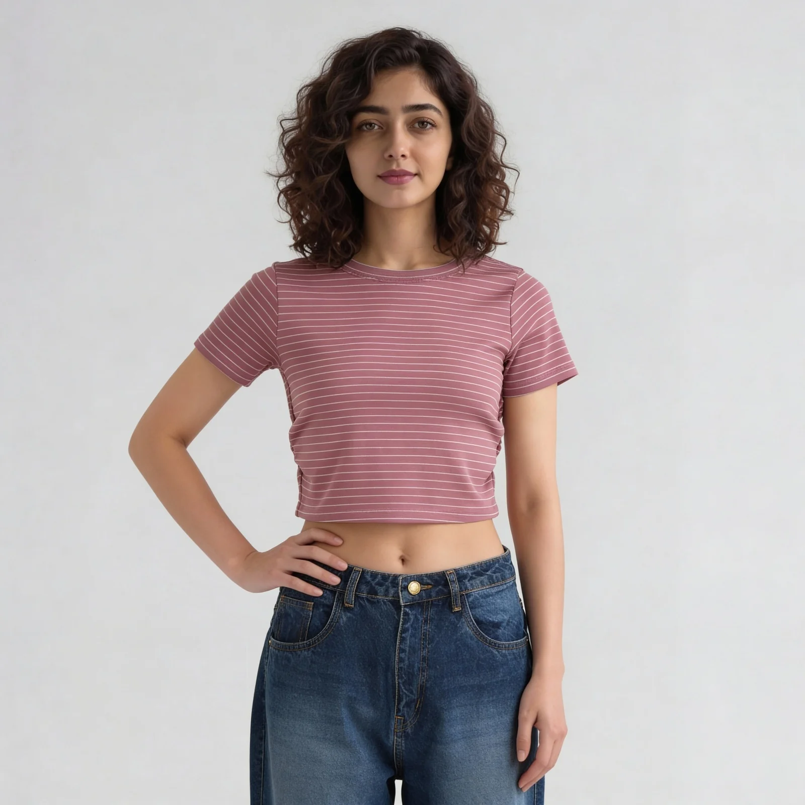 Knitted Striped Slim Fit Crop T-Shirt - Image 7