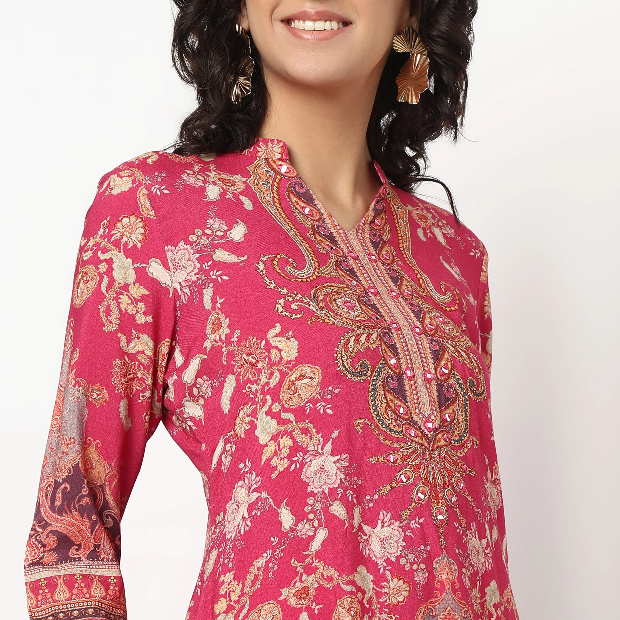 Printed Band Collar Kurta Set with Dupatta - Image 4