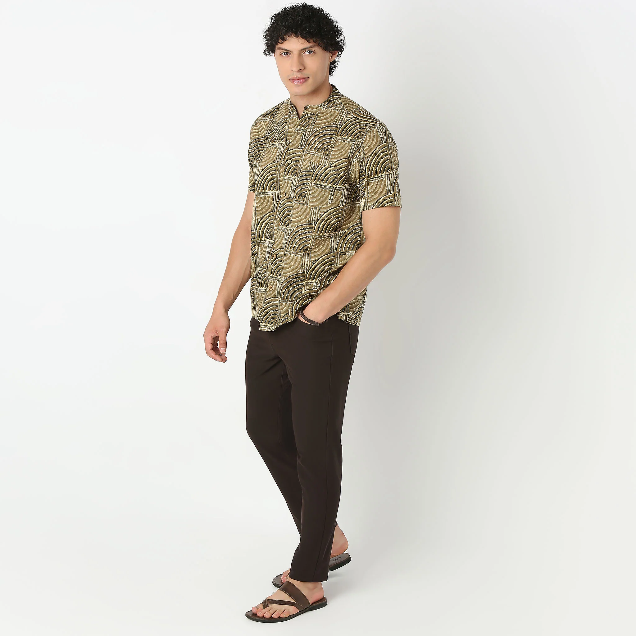 Mandarin Collar Half Sleeve Block Print Shirt