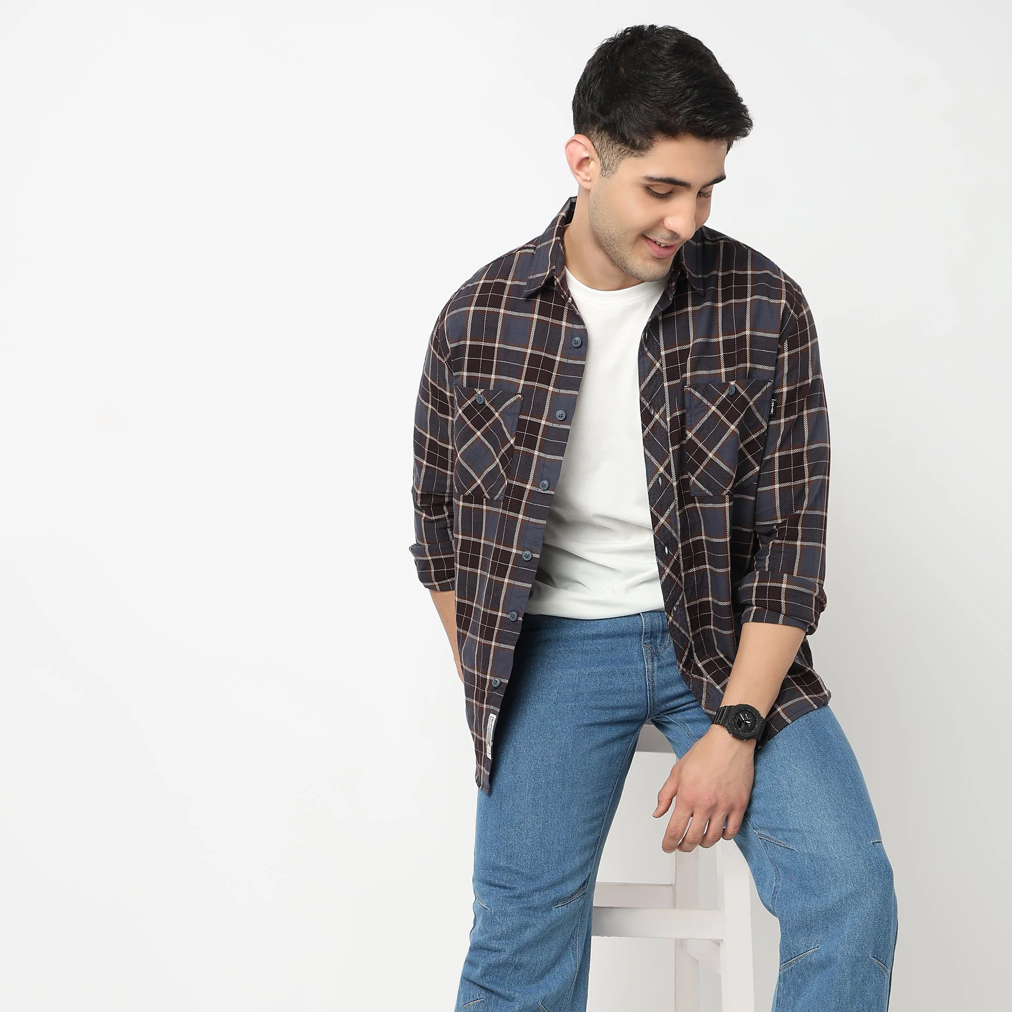 Mens Double Pocket Check Shirt - Image 2