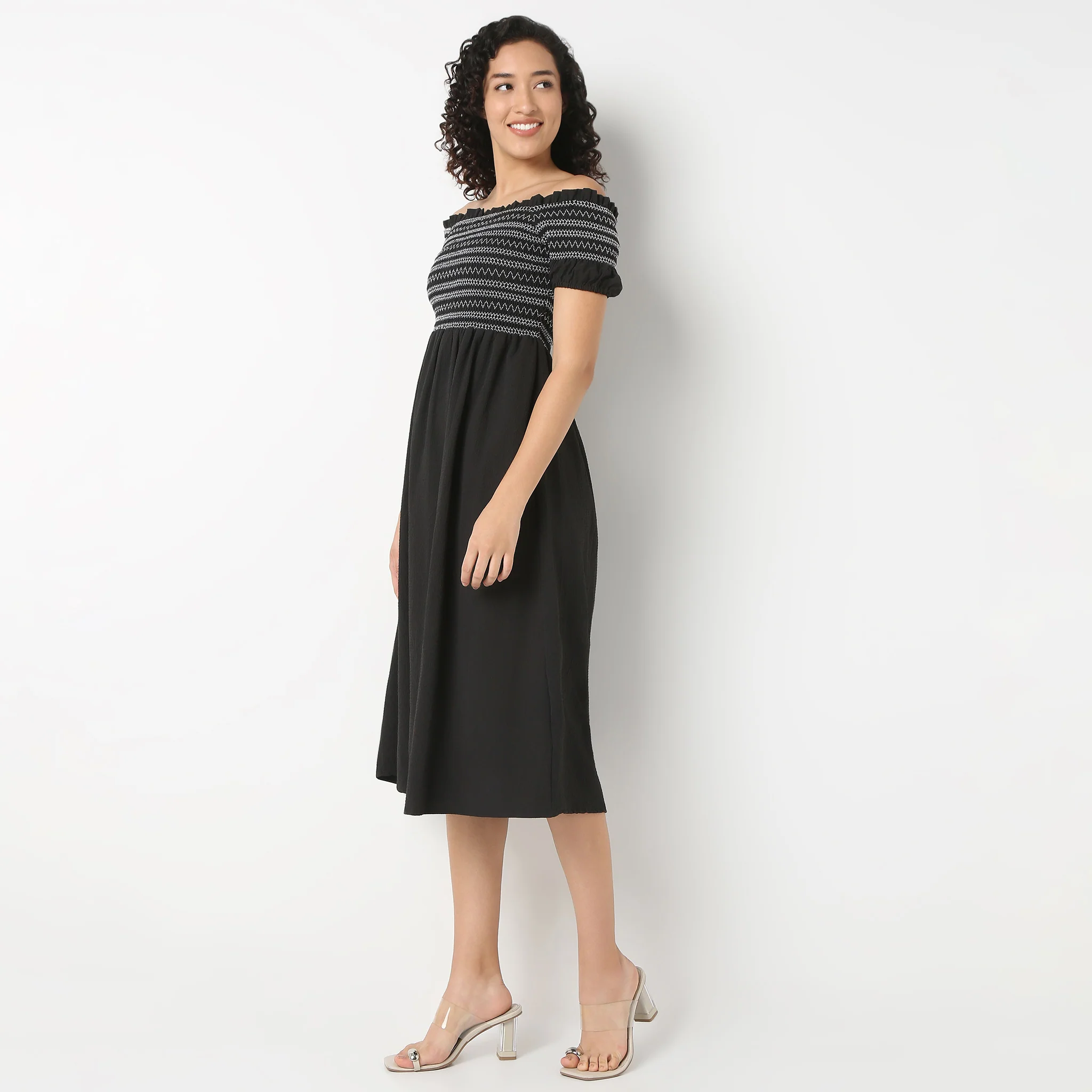 Off-Shoulder Neck Solid Flared Dress - Image 5