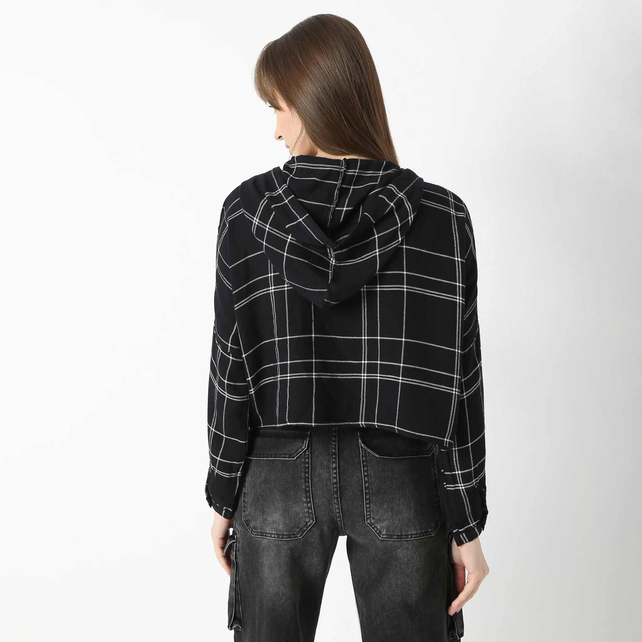 Oversize Checkered Short Length Hoodie Crop Shirt With Front Button Opening - Image 3