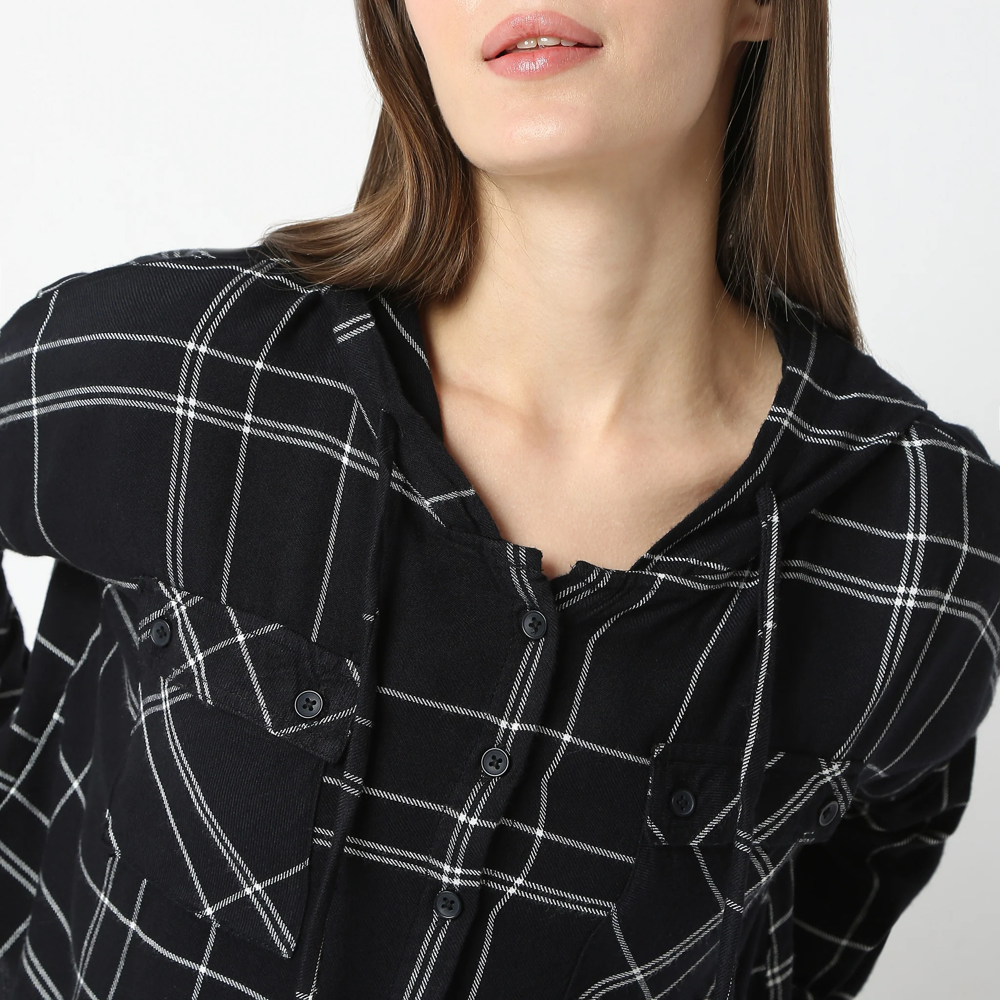 Oversize Checkered Short Length Hoodie Crop Shirt With Front Button Opening - Image 4