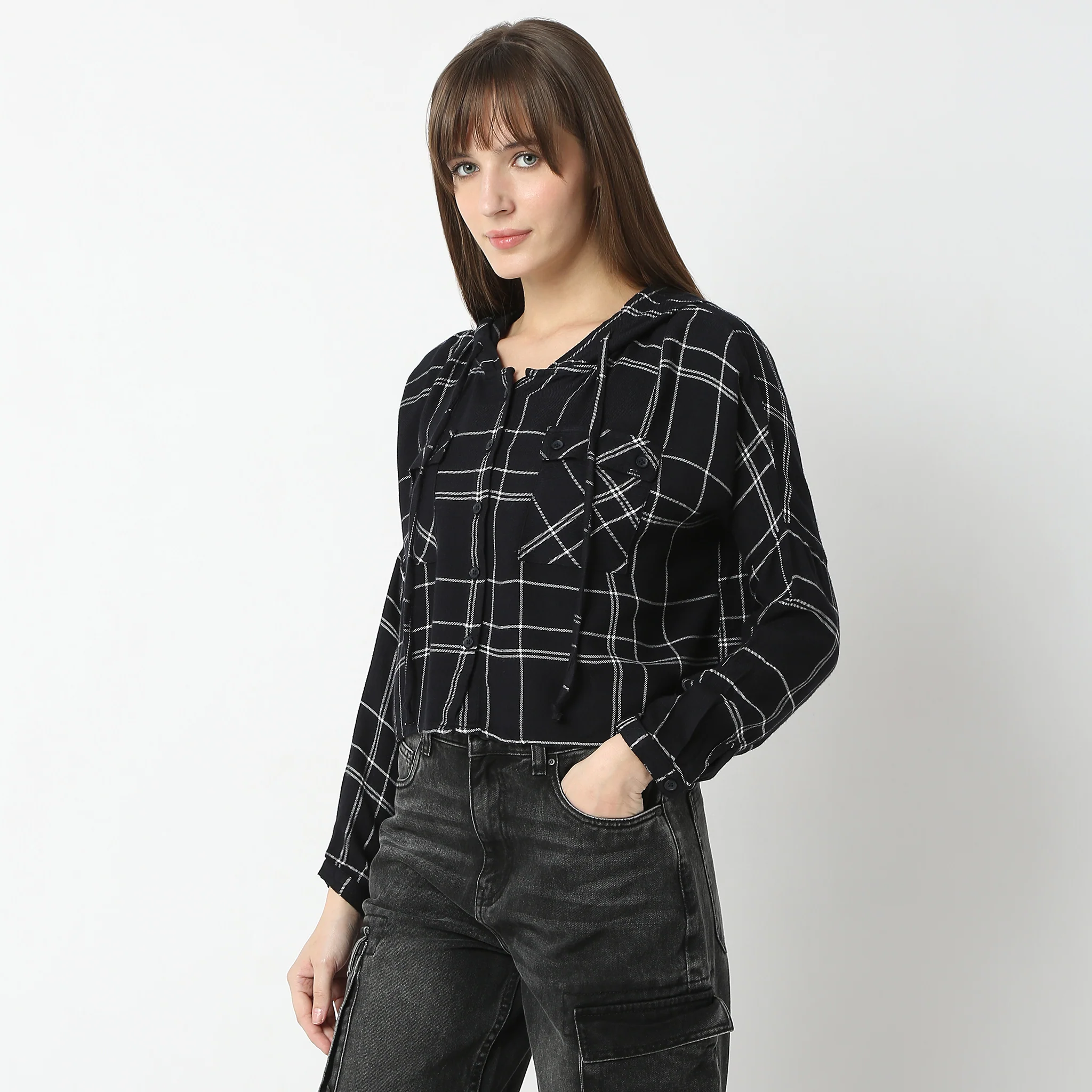Oversize Checkered Short Length Hoodie Crop Shirt With Front Button Opening - Image 5