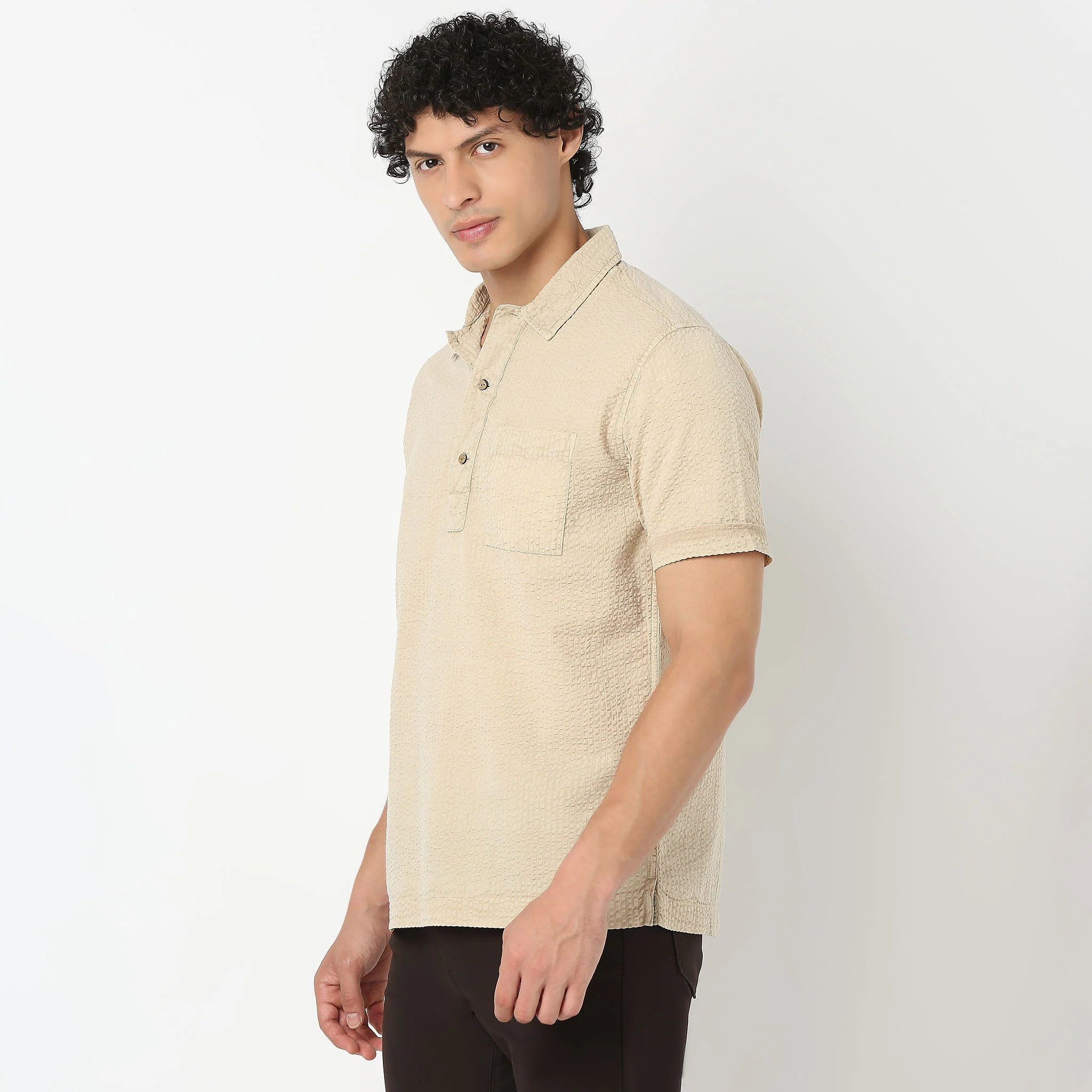 Polo Neck Half Sleeve Jacquard Solid Shirt - Image 5
