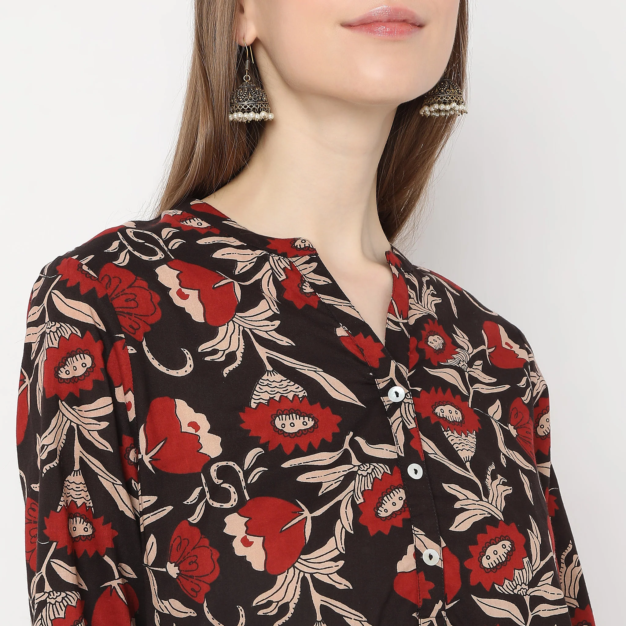 Printed Band Neck Kurta - Image 4