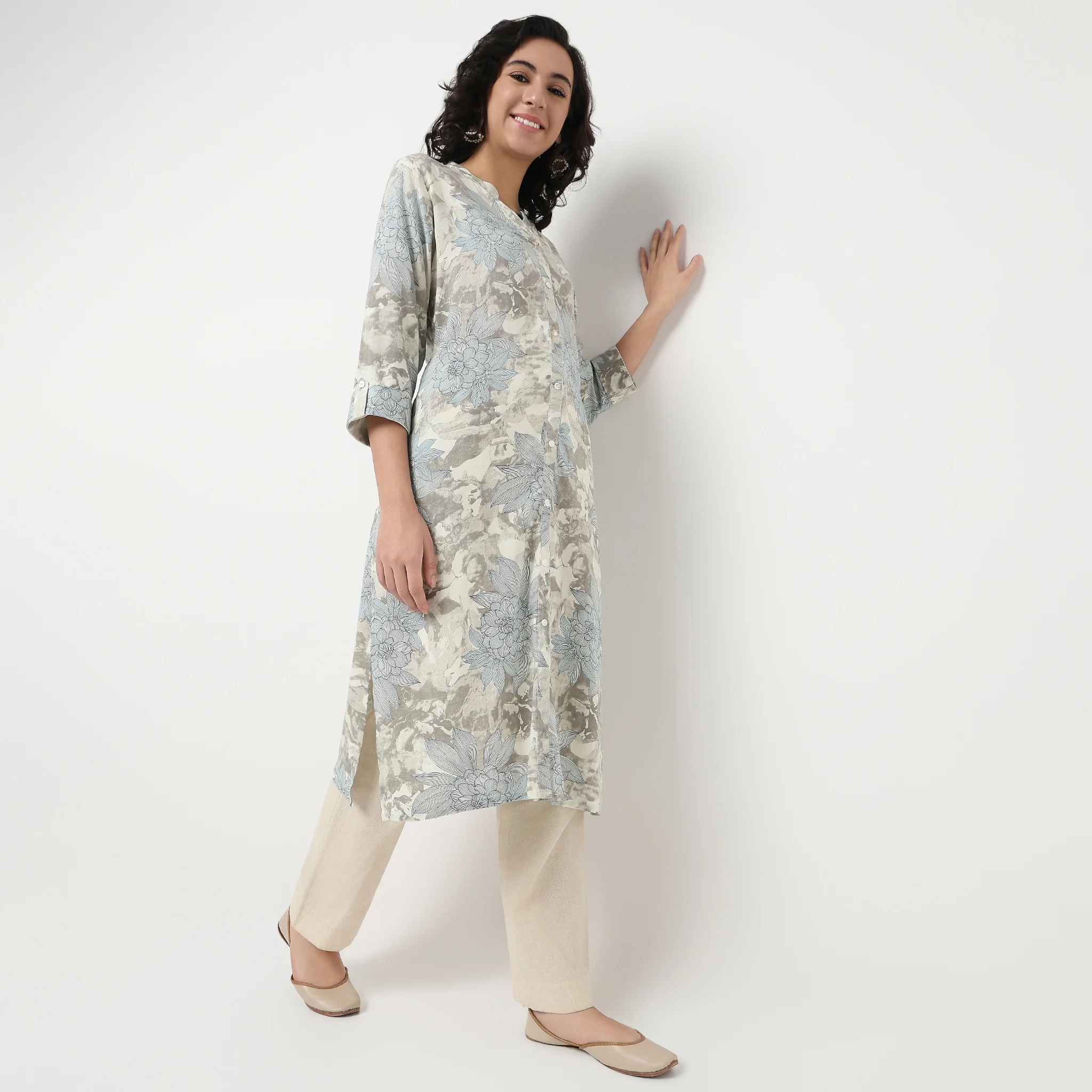 Printed Band Neck Full Placket Long Kurta