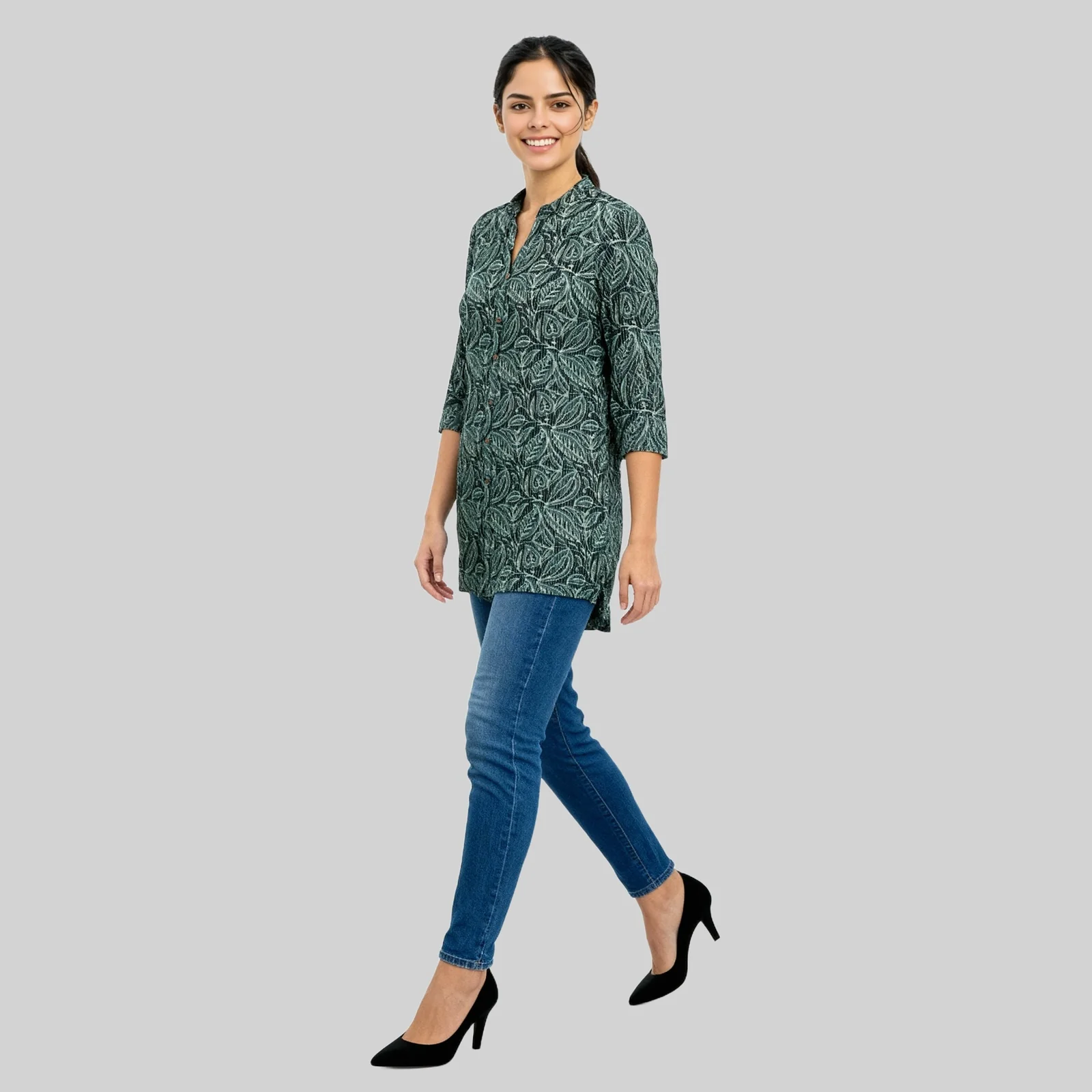 Printed Band Neck Short Kurta - Image 5
