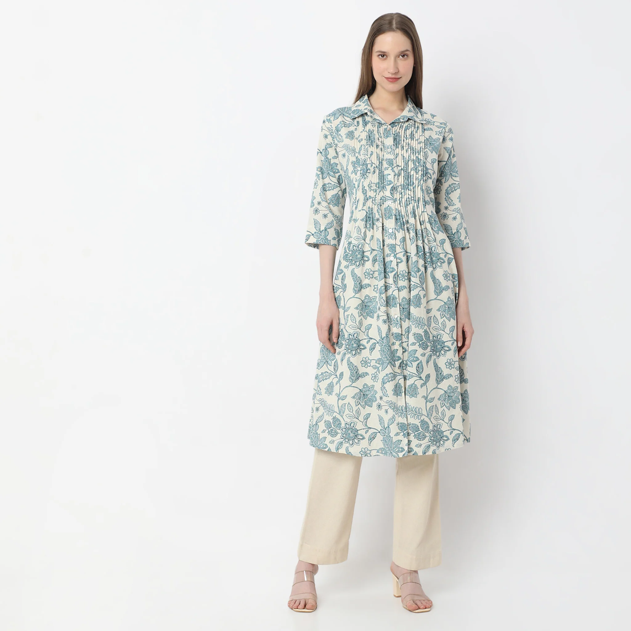 Printed Below Knee Shirt Collar Flared Kurta - Image 2