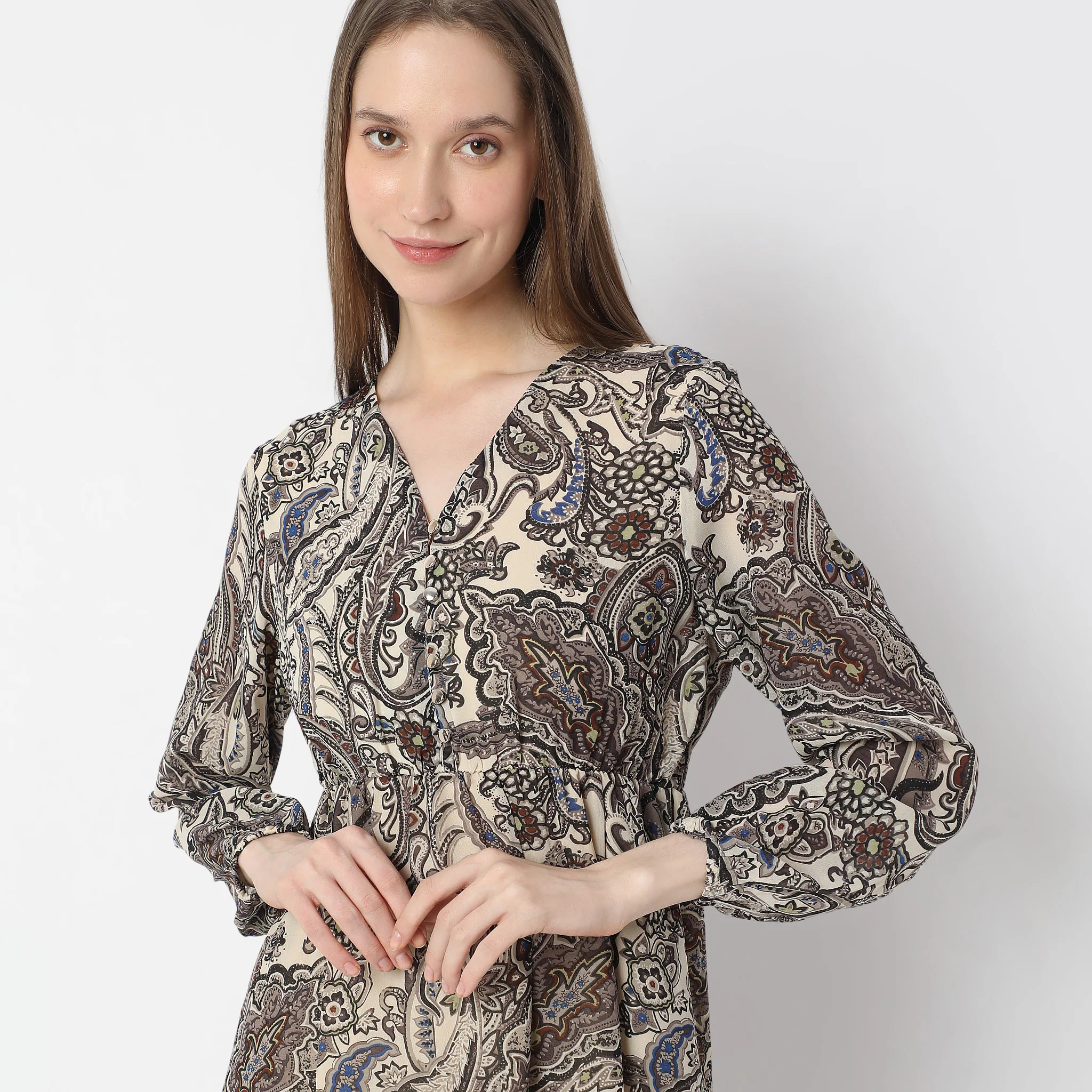 Printed Below Knee V-Neck Full Sleeve Dress - Image 4
