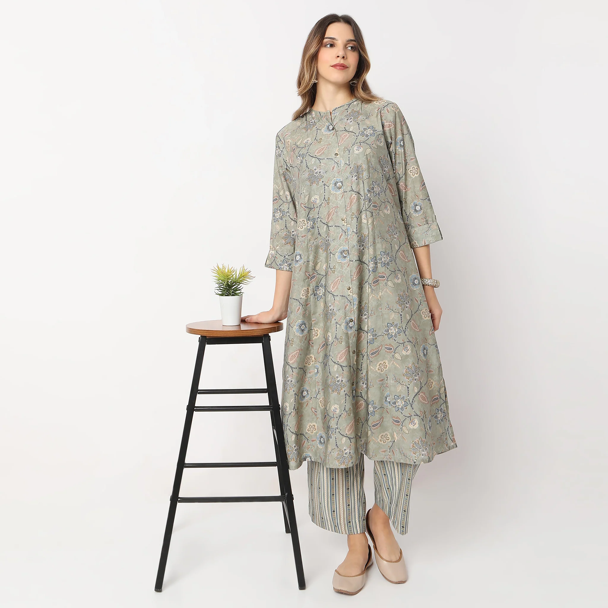 Printed Calf Length Camp Collar A Line Kurta With Pant Set