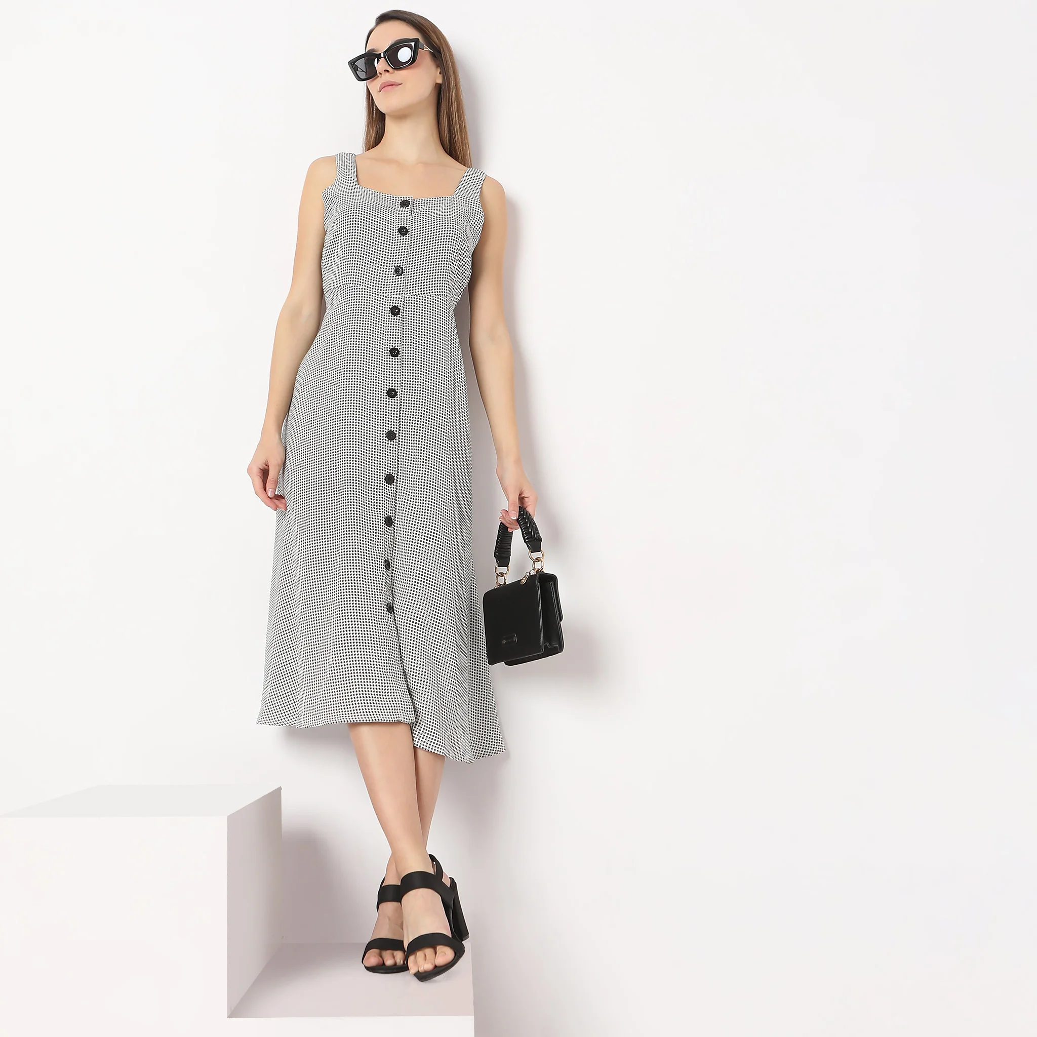 Printed Calf Length Square Neck A Line Sleeveless Dress