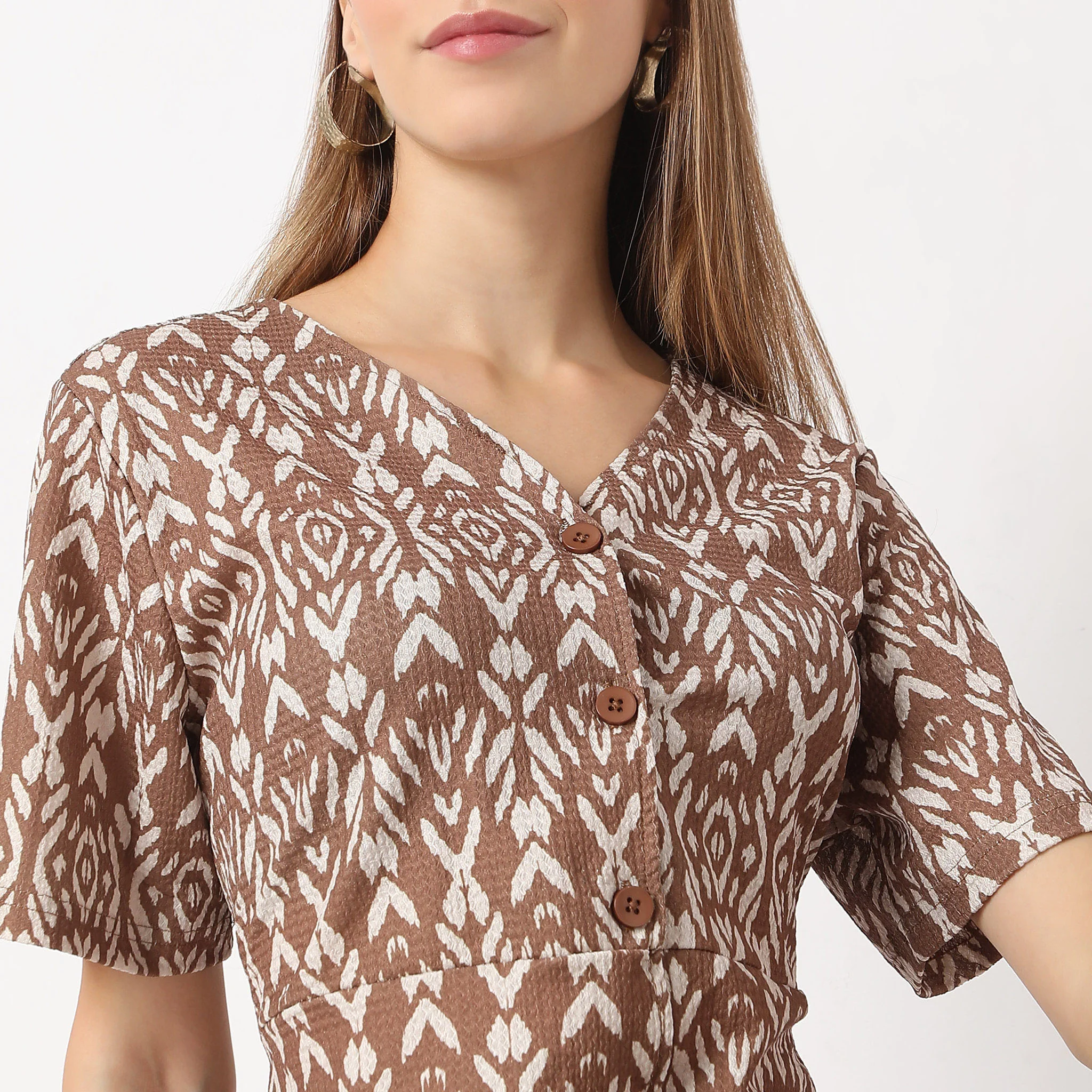 Printed Calf Length V Neck Short Sleeve Dress - Image 4