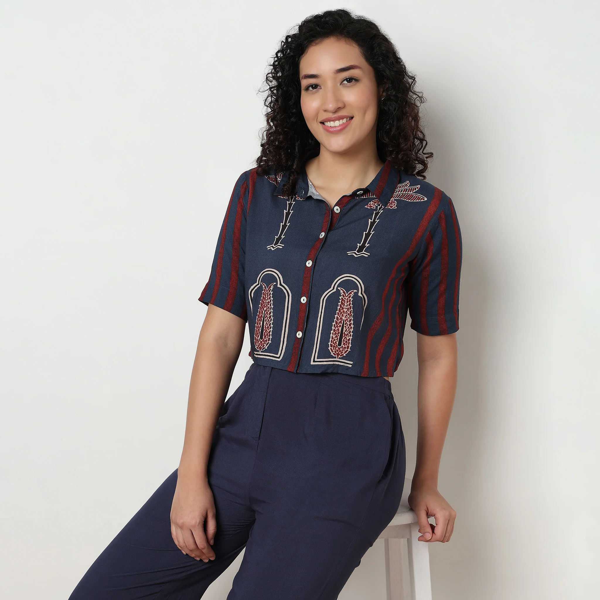Printed Camp Collar Crop Top - Image 2